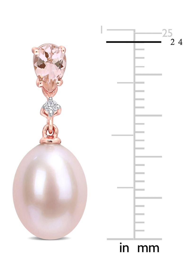 9-9.5mm Cultured Freshwater Pink Pearl with 4/5 Ct TGW Pear Shape Morganite and Diamond Accent Drop Earrings in 10k Rose Gold