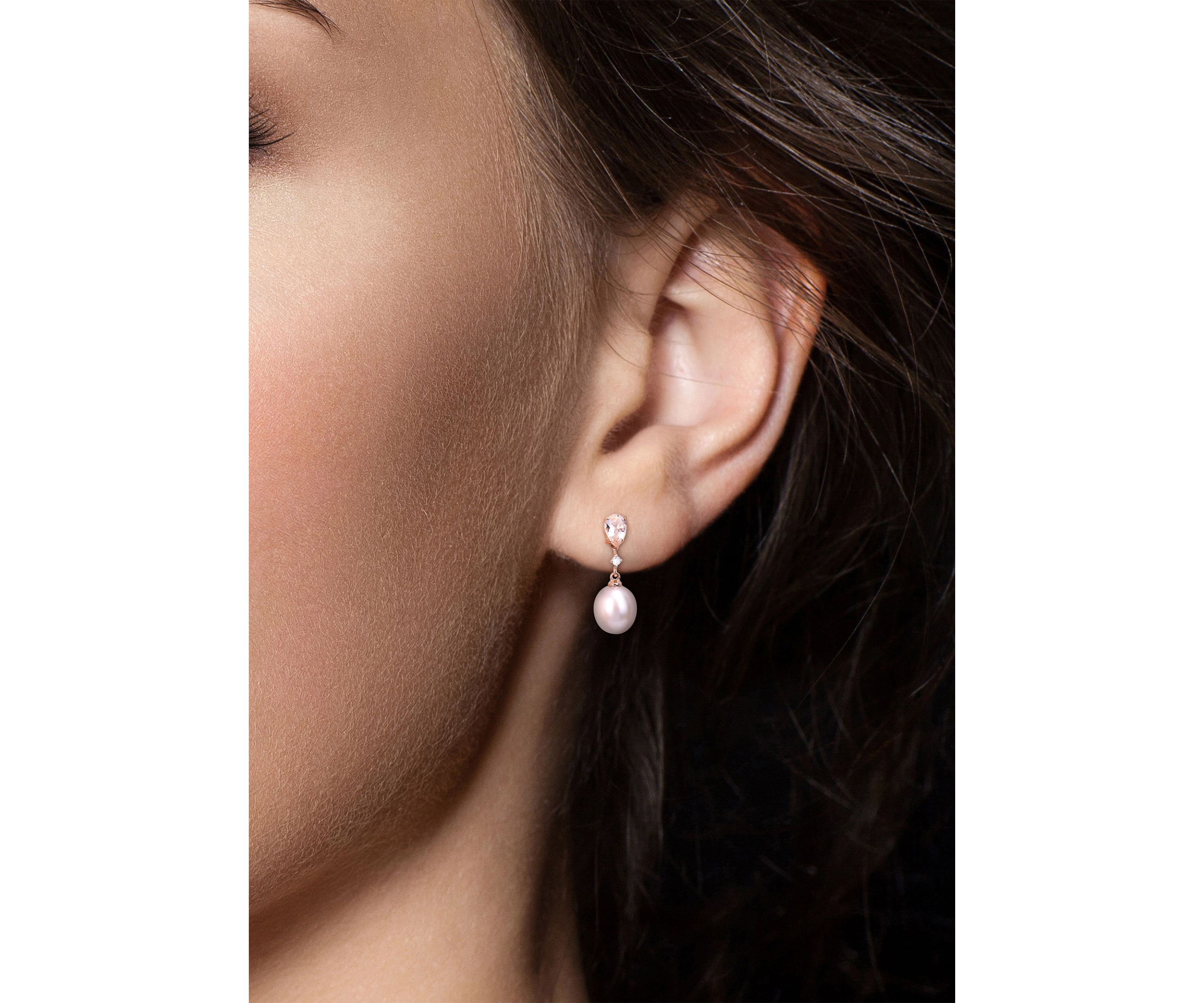 9-9.5mm Cultured Freshwater Pink Pearl with 4/5 Ct TGW Pear Shape Morganite and Diamond Accent Drop Earrings in 10k Rose Gold