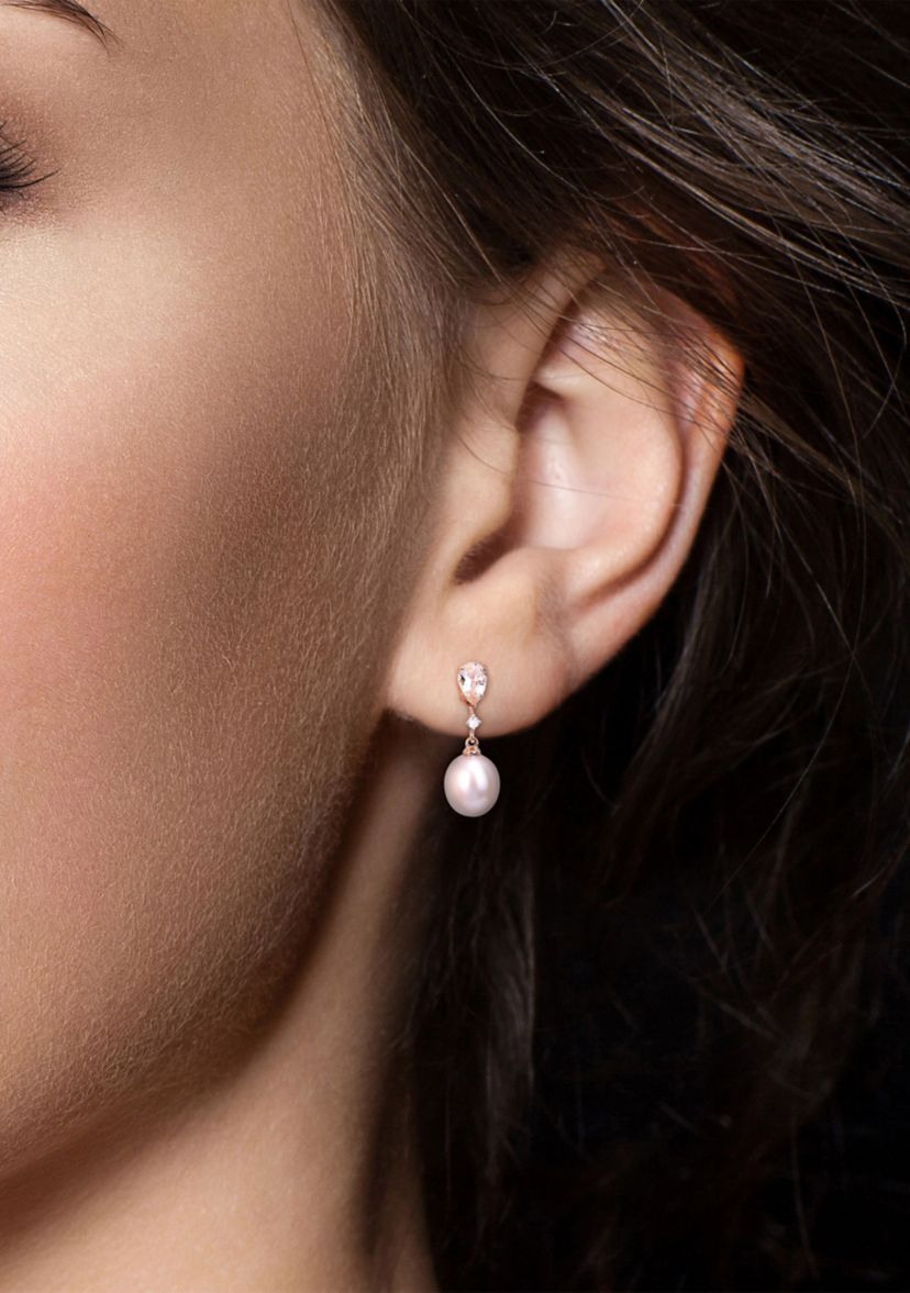 9-9.5mm Cultured Freshwater Pink Pearl with 4/5 Ct TGW Pear Shape Morganite and Diamond Accent Drop Earrings in 10k Rose Gold