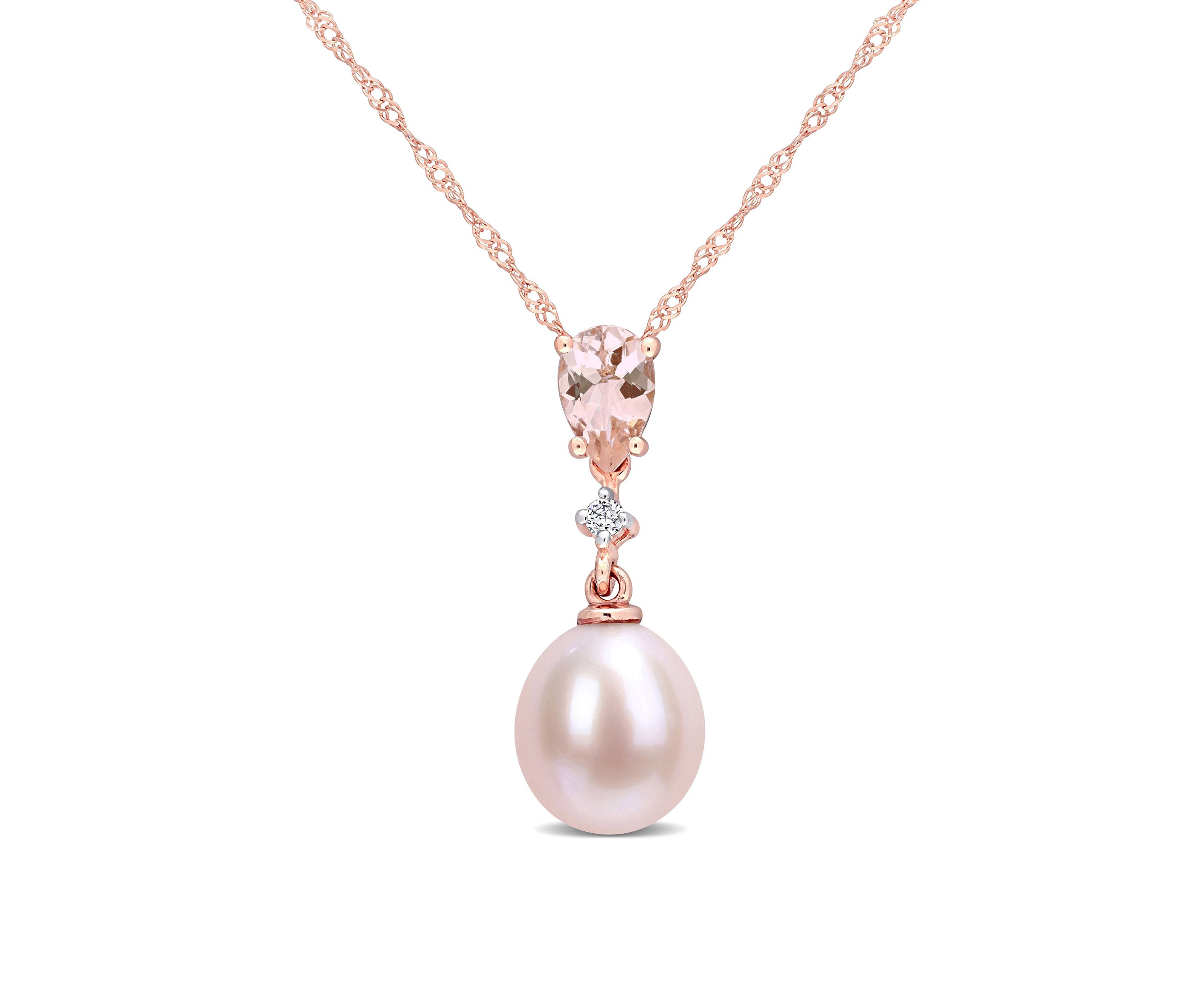 9-9.5mm Cultured Freshwater Pink Pearl with 4/5 Ct TGW Pear Shape Morganite and Diamond Accent Drop Pendant in 10k Rose Gold with Chain