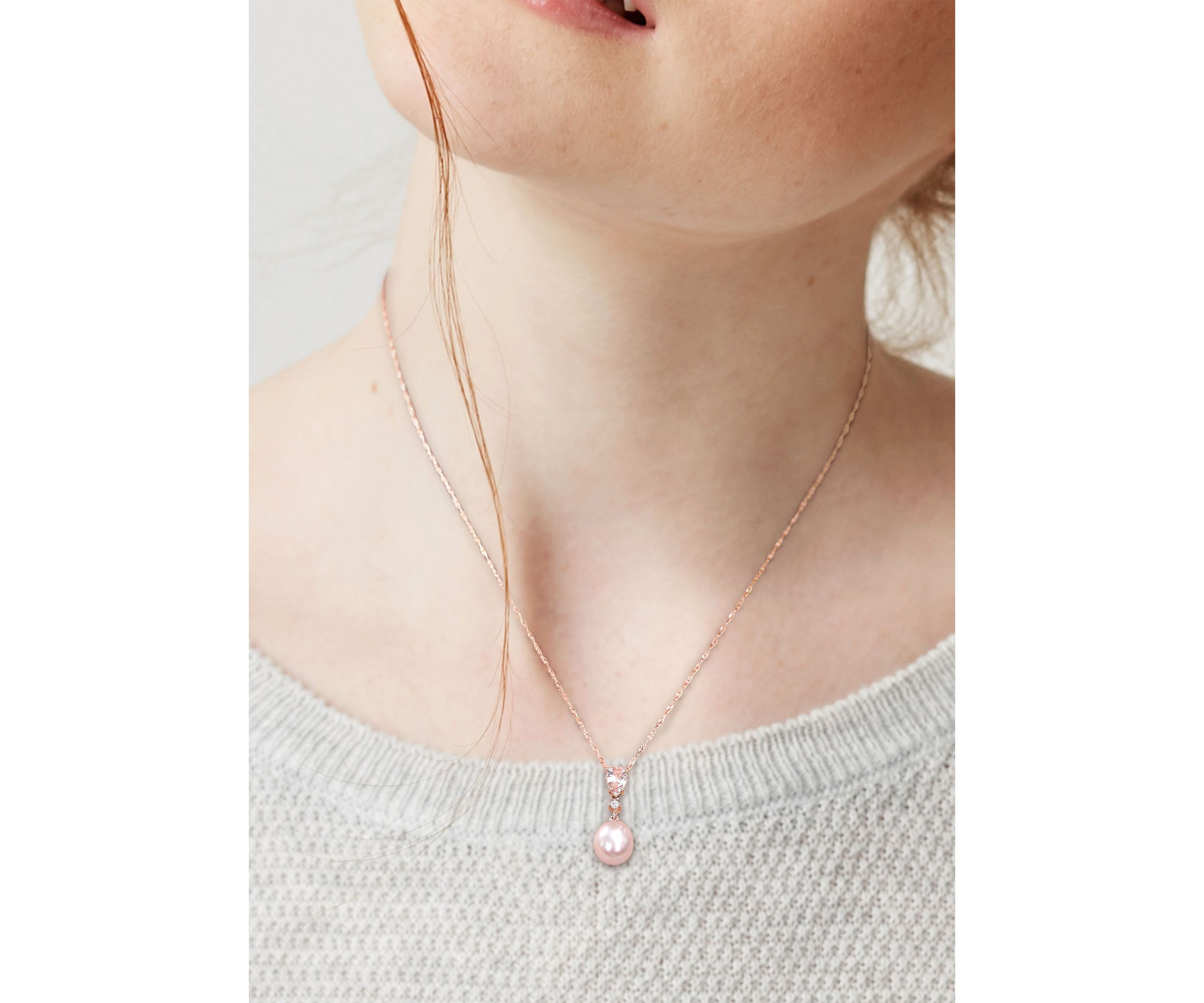 9-9.5mm Cultured Freshwater Pink Pearl with 4/5 Ct TGW Pear Shape Morganite and Diamond Accent Drop Pendant in 10k Rose Gold with Chain