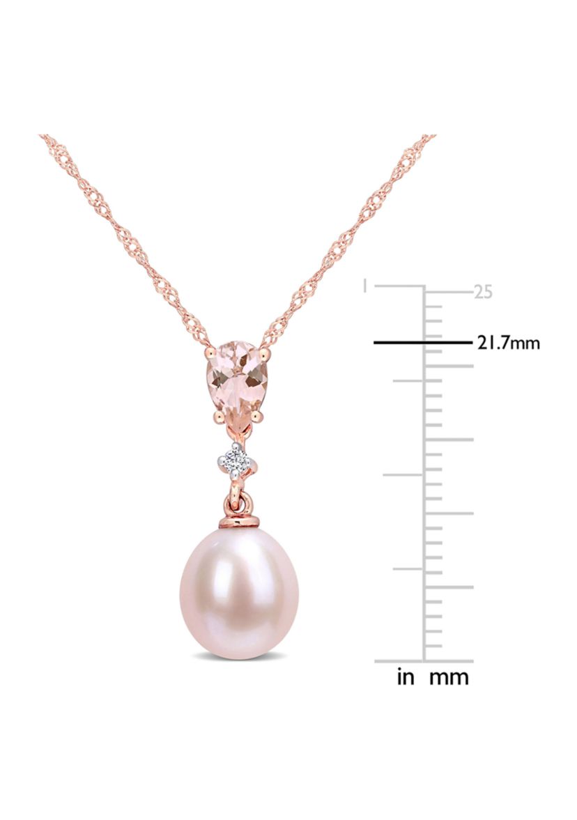 9-9.5mm Cultured Freshwater Pink Pearl with 4/5 Ct TGW Pear Shape Morganite and Diamond Accent Drop Pendant in 10k Rose Gold with Chain