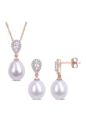 Belk & Co 1/5 Ct Tw Diamond And 3/4 Ct Tgw White Topaz With 9-9.5Mm White Freshwater Cultured Pearl Drop Earrings And Pendant Set In 10K Rose Gold
