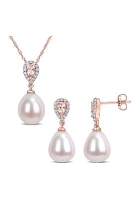 1/5 CT TW Diamond and 3/4 CT TGW Morganite with 9-9.5mm White Freshwater Cultured Pearl Drop Earrings and Pendant Set in 10k Rose Gold, Pink
