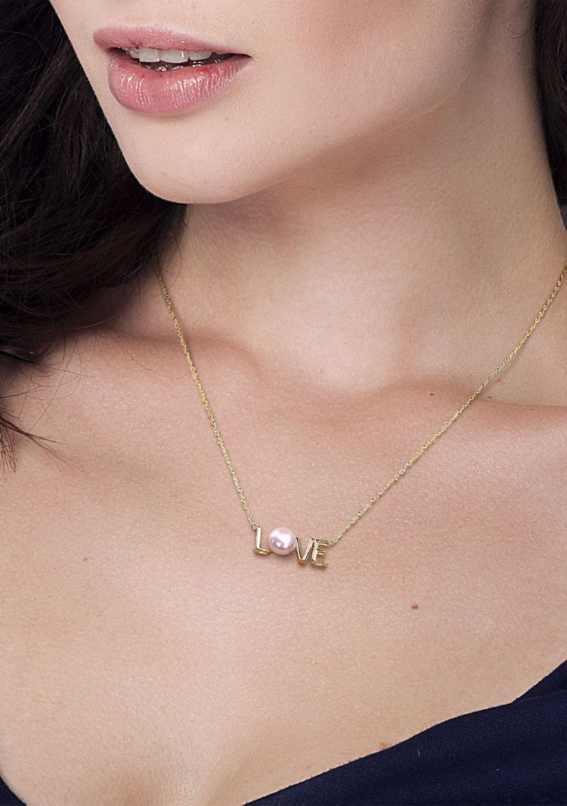 7-7.5mm Cultured Freshwater Pearl Sentimental Love Necklace in 10k Yellow Gold
