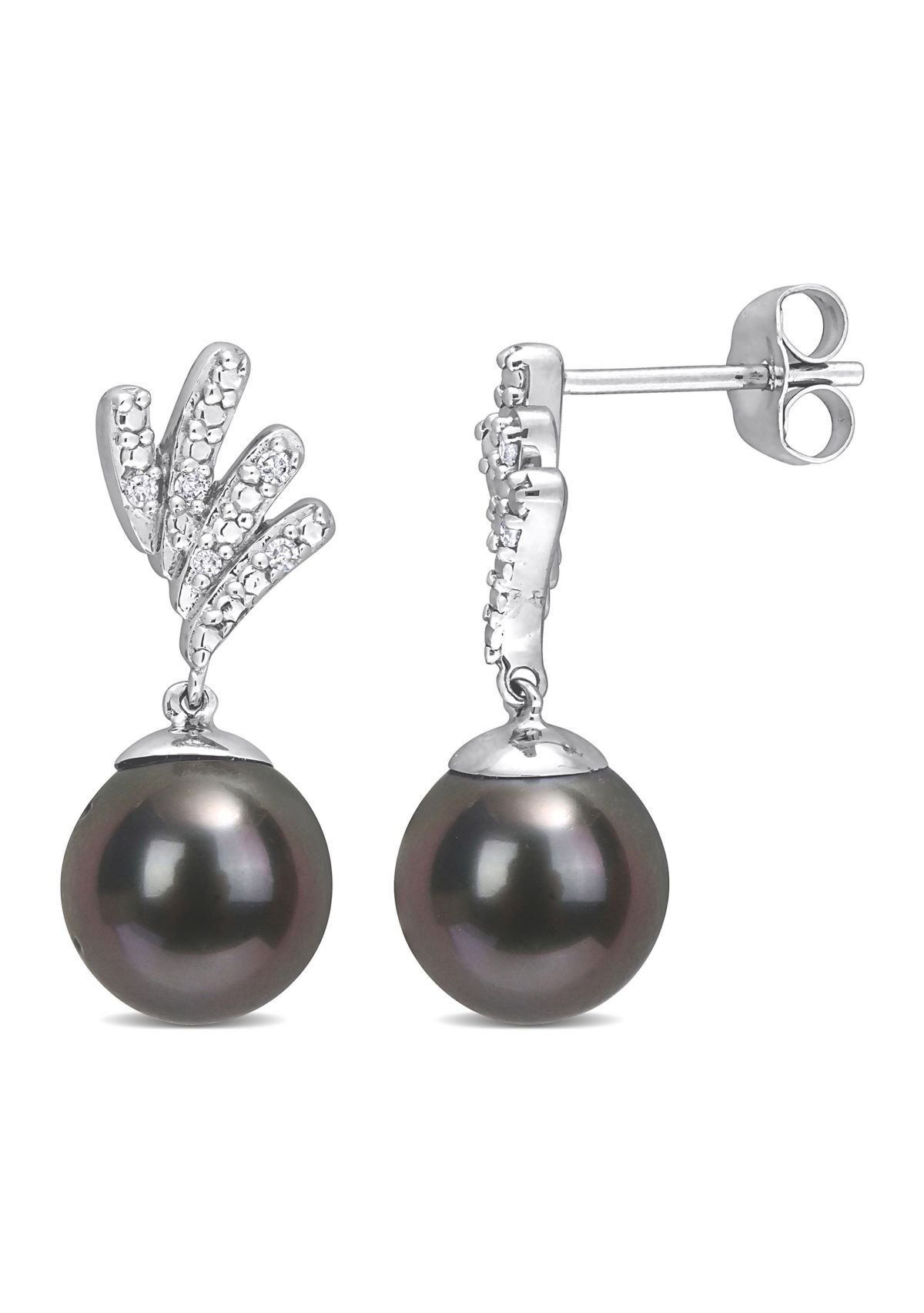 8-8.5mm Black Tahitian Cultured Pearl and Diamond Accent Drop Earrings in 10k White Gold