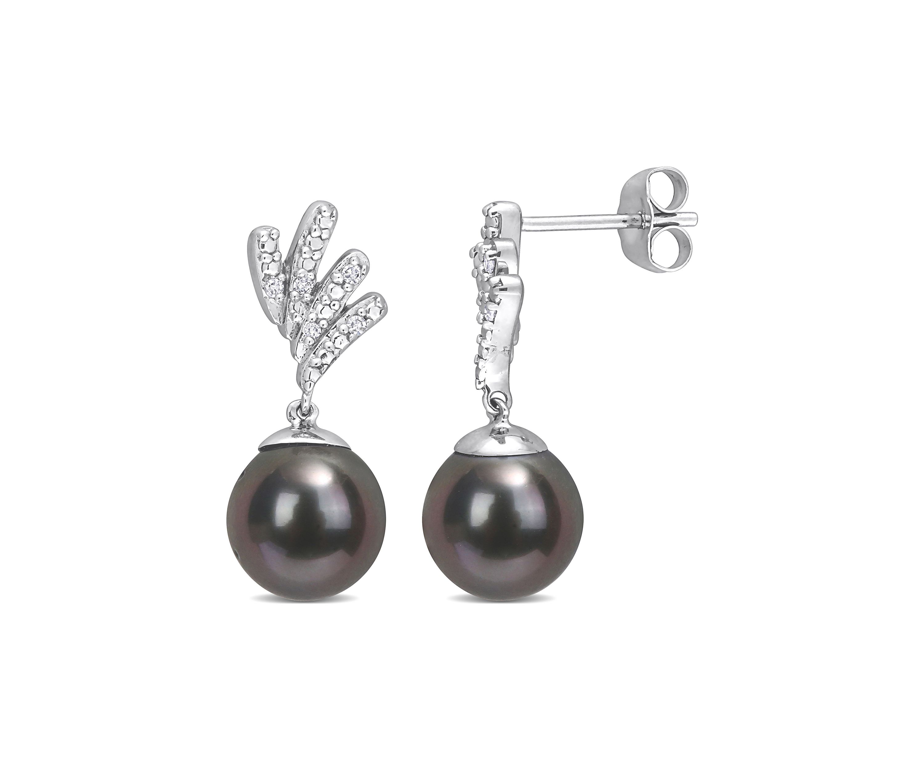 8-8.5mm Black Tahitian Cultured Pearl and Diamond Accent Drop Earrings in 10k White Gold
