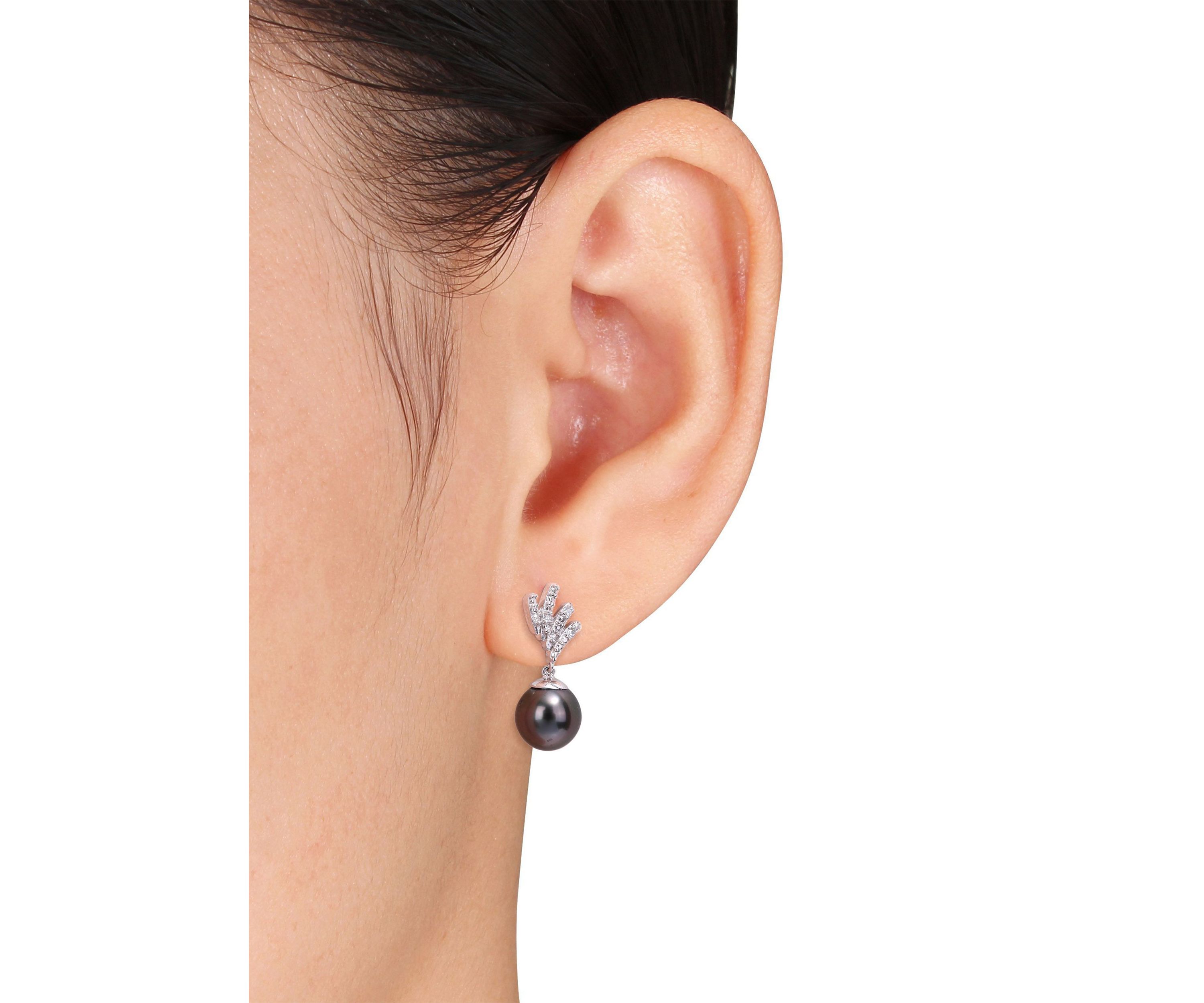 8-8.5mm Black Tahitian Cultured Pearl and Diamond Accent Drop Earrings in 10k White Gold
