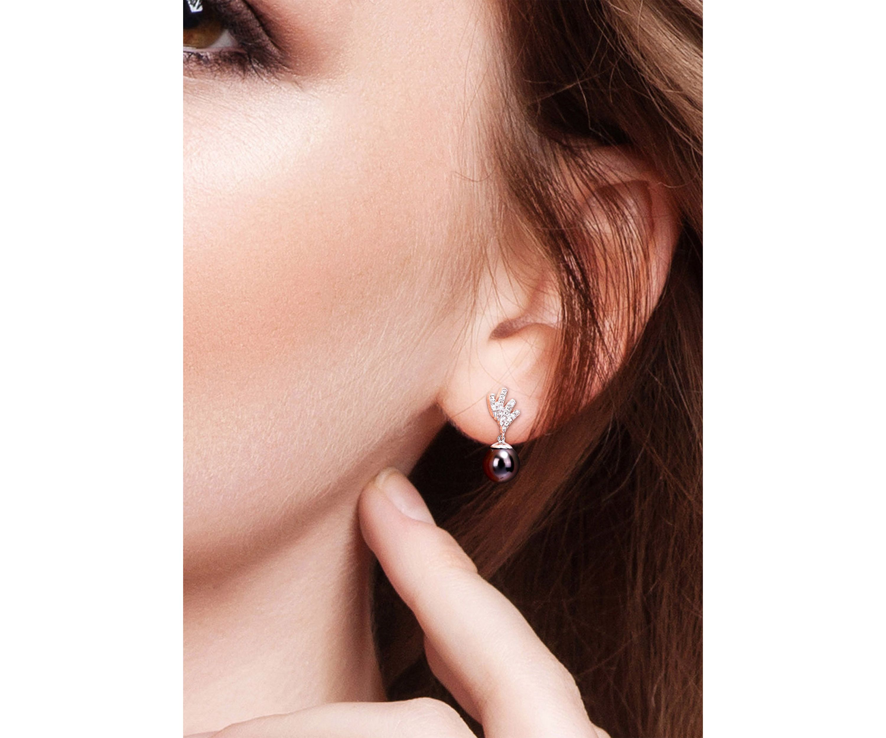 8-8.5mm Black Tahitian Cultured Pearl and Diamond Accent Drop Earrings in 10k White Gold