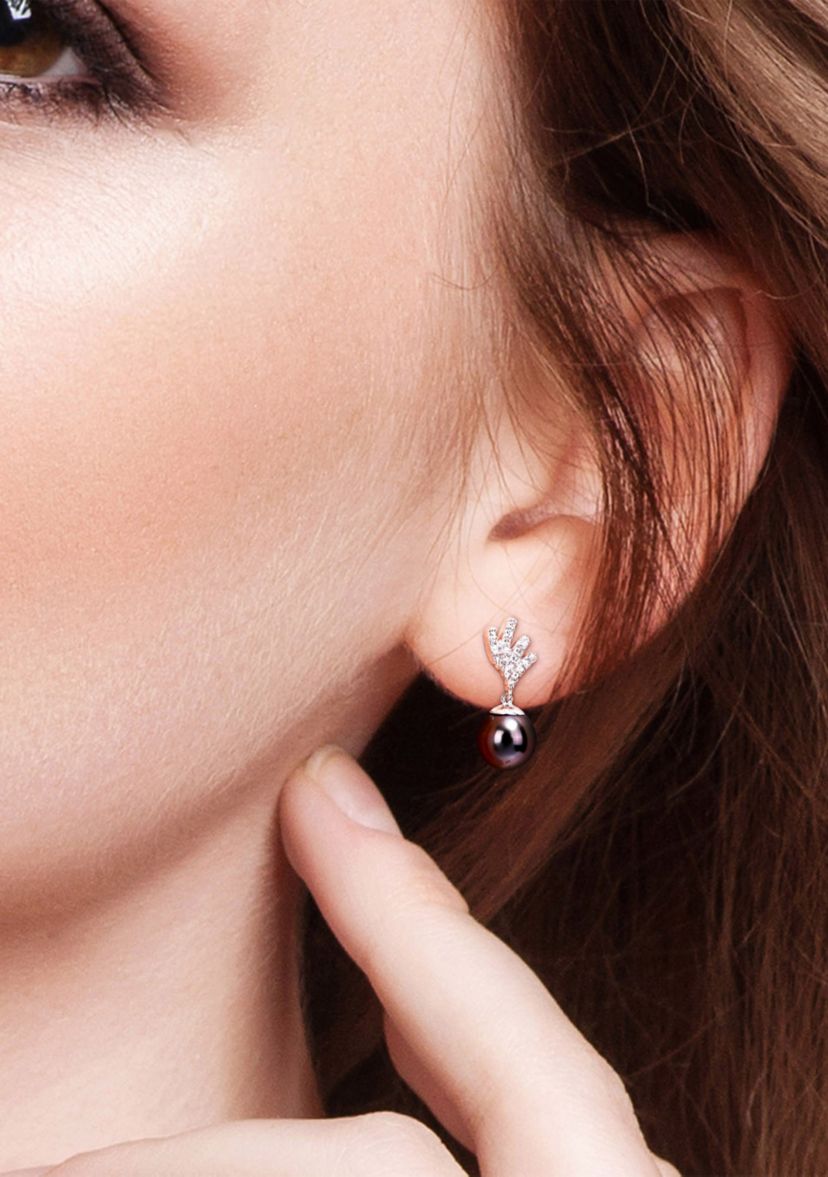 8-8.5mm Black Tahitian Cultured Pearl and Diamond Accent Drop Earrings in 10k White Gold