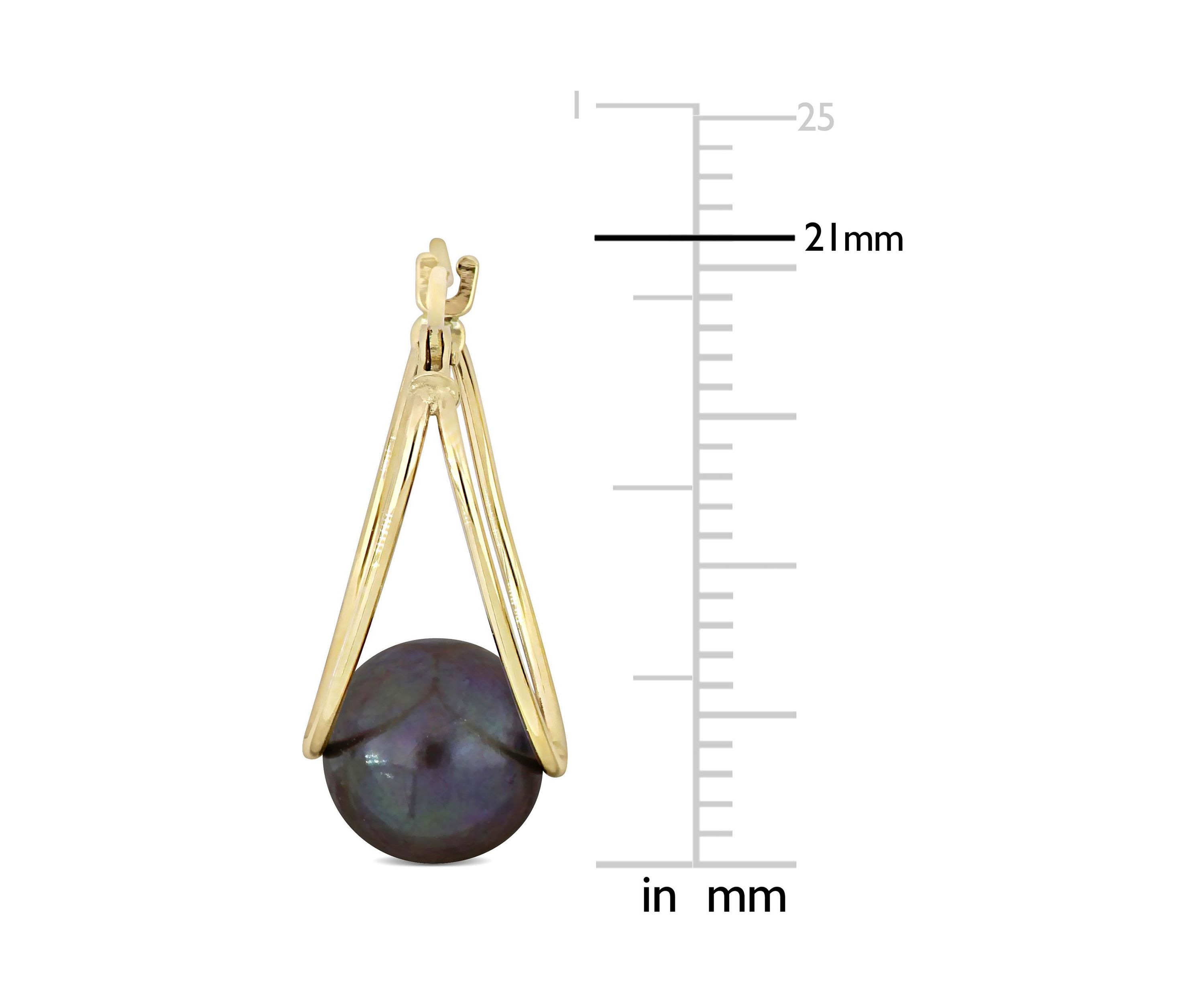 8-8.5mm Freshwater Cultured Black Pearl Drop Hoop Earrings in 10k Yellow Gold