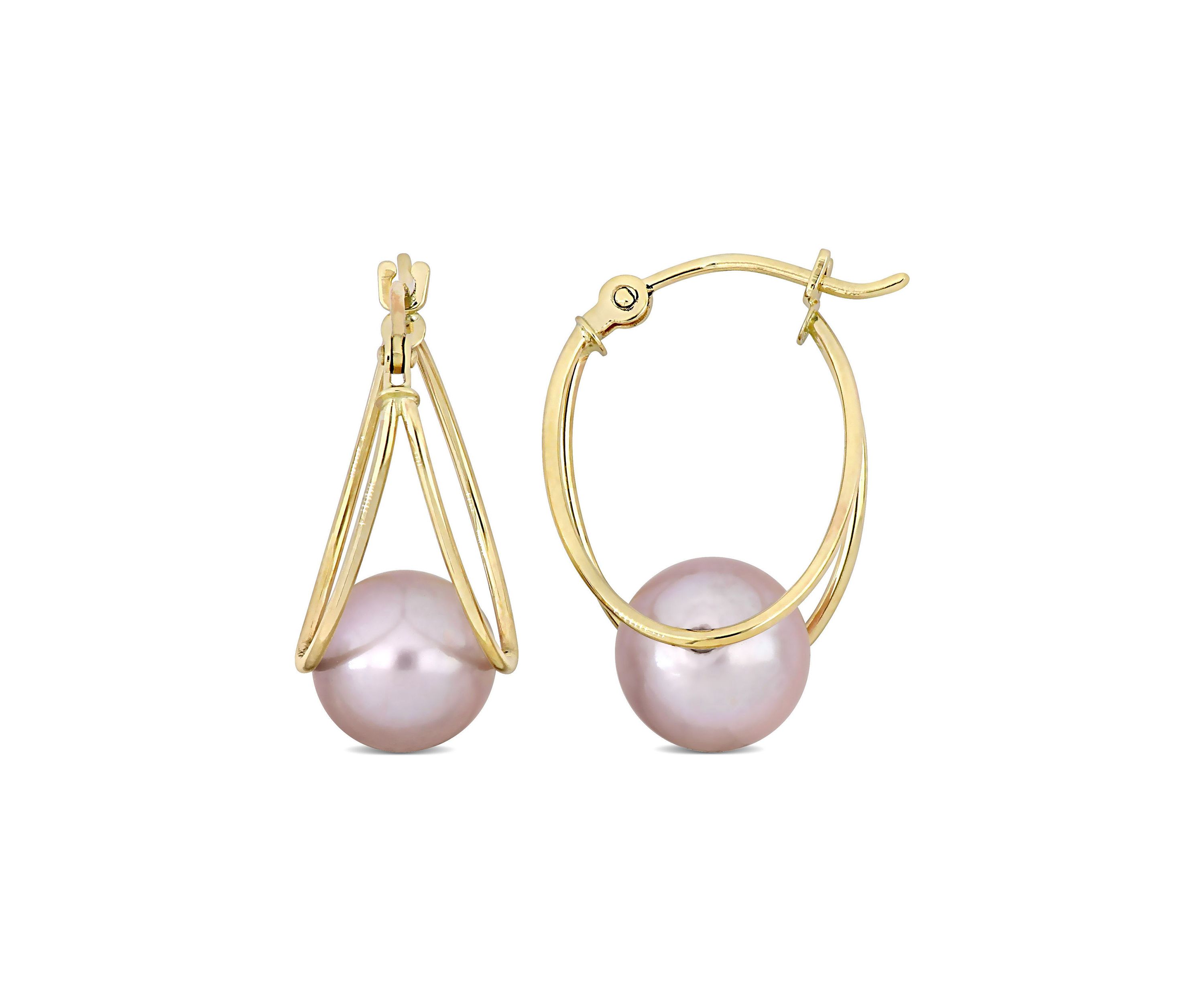 8-8.5mm Freshwater Cultured Pink Pearl Drop Hoop Earrings in 10k Yellow Gold