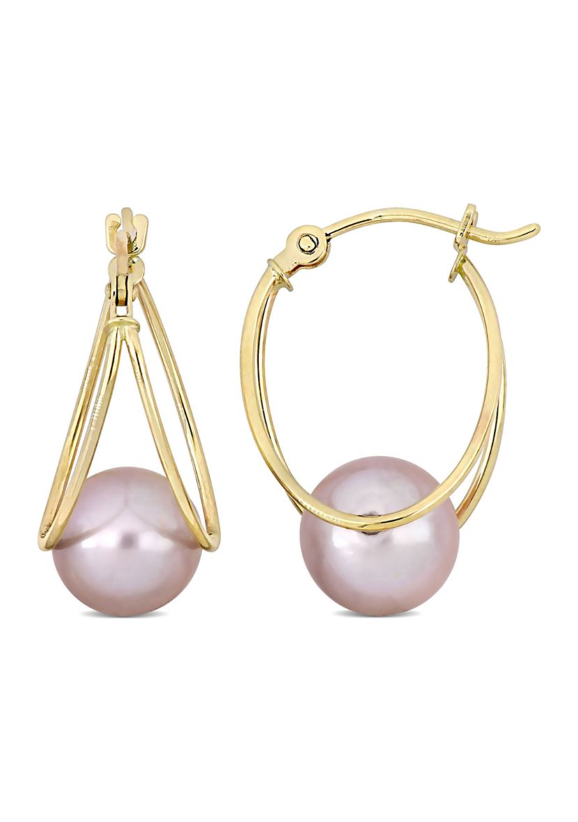 8-8.5mm Freshwater Cultured Pink Pearl Drop Hoop Earrings in 10k Yellow Gold