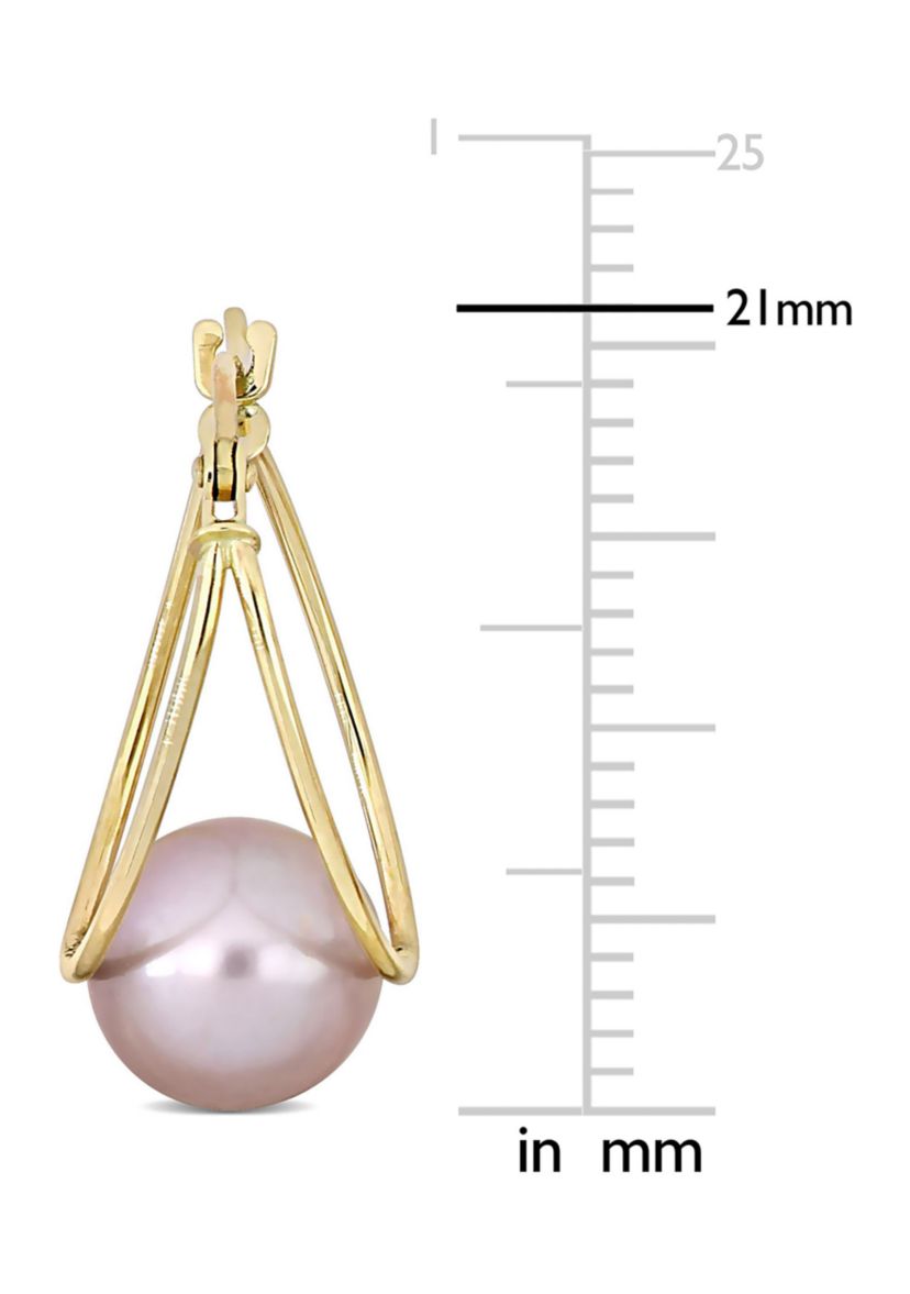 8-8.5mm Freshwater Cultured Pink Pearl Drop Hoop Earrings in 10k Yellow Gold
