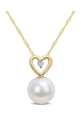 Belk & Co 9.5-10mm Freshwater Cultured Pearl and Diamond Accent Heart Drop Pendant with Chain in 10k Yellow Gold