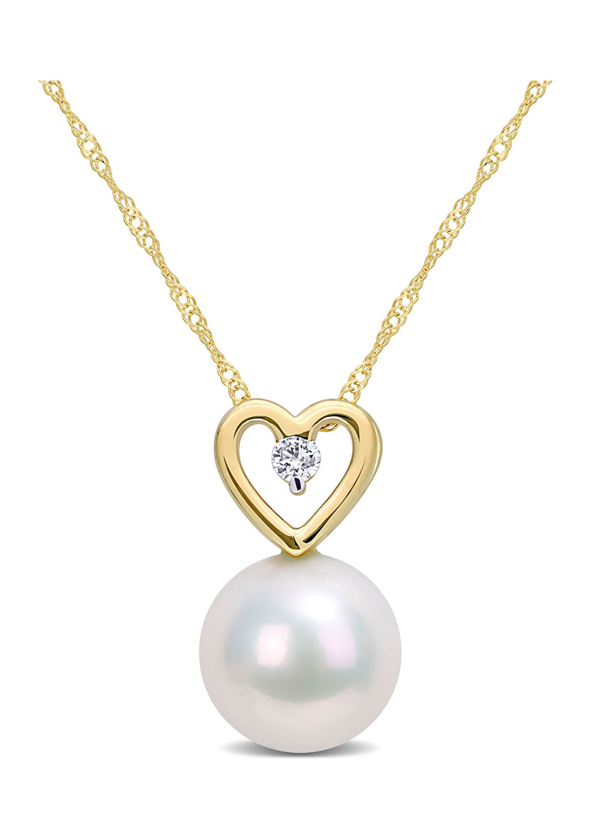 9.5-10mm Freshwater Cultured Pearl and Diamond Accent Heart Drop Pendant with Chain in 10k Yellow Gold