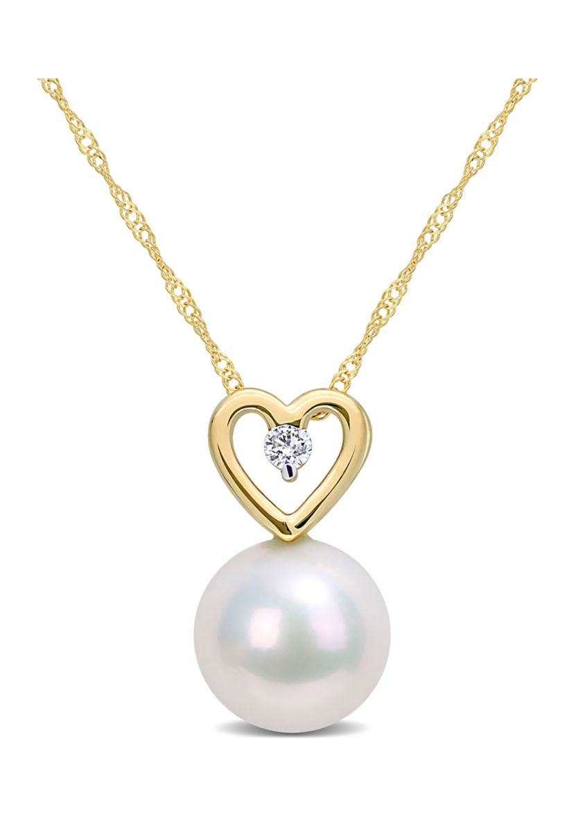 9.5-10mm Freshwater Cultured Pearl and Diamond Accent Heart Drop Pendant with Chain in 10k Yellow Gold