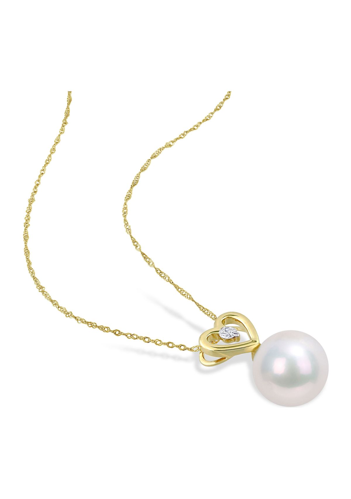 9.5-10mm Freshwater Cultured Pearl and Diamond Accent Heart Drop Pendant with Chain in 10k Yellow Gold