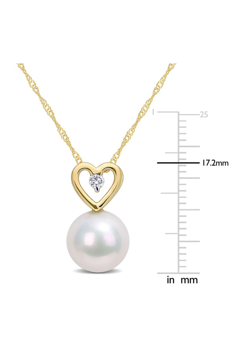 9.5-10mm Freshwater Cultured Pearl and Diamond Accent Heart Drop Pendant with Chain in 10k Yellow Gold