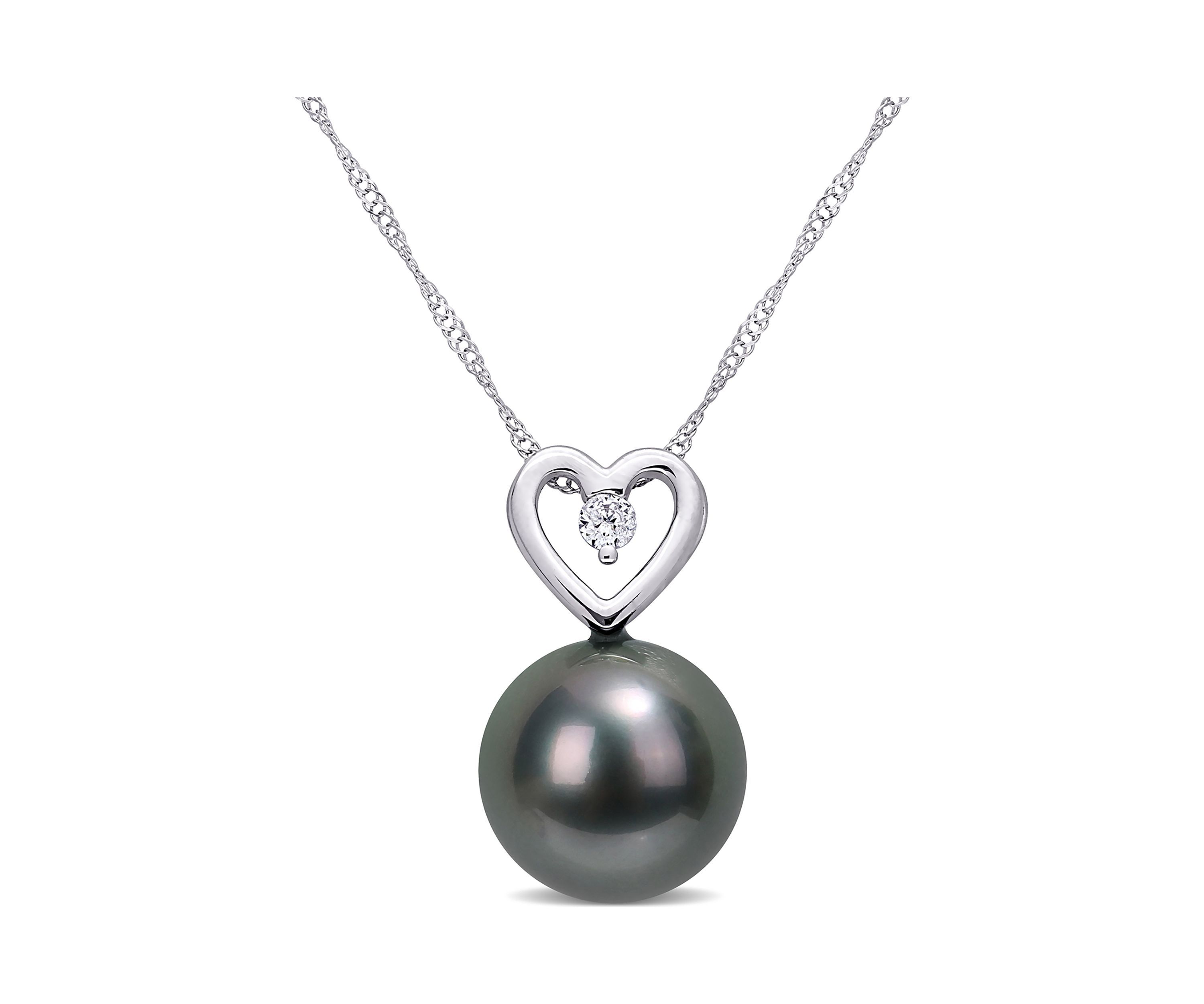 9.5-10mm Black Tahitian Cultured Pearl and Diamond Accent Heart Drop Pendant with Chain in 10k White Gold