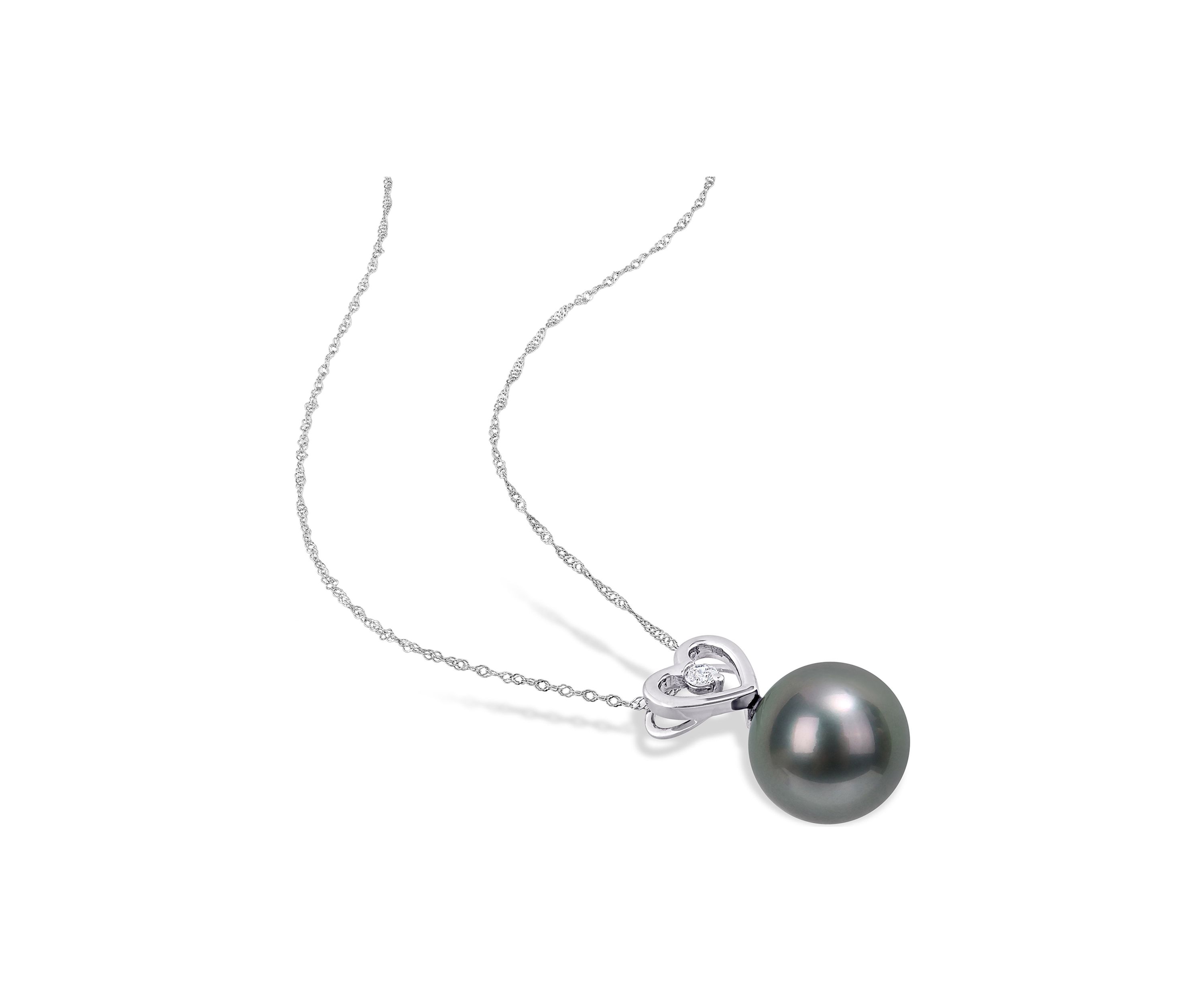 9.5-10mm Black Tahitian Cultured Pearl and Diamond Accent Heart Drop Pendant with Chain in 10k White Gold