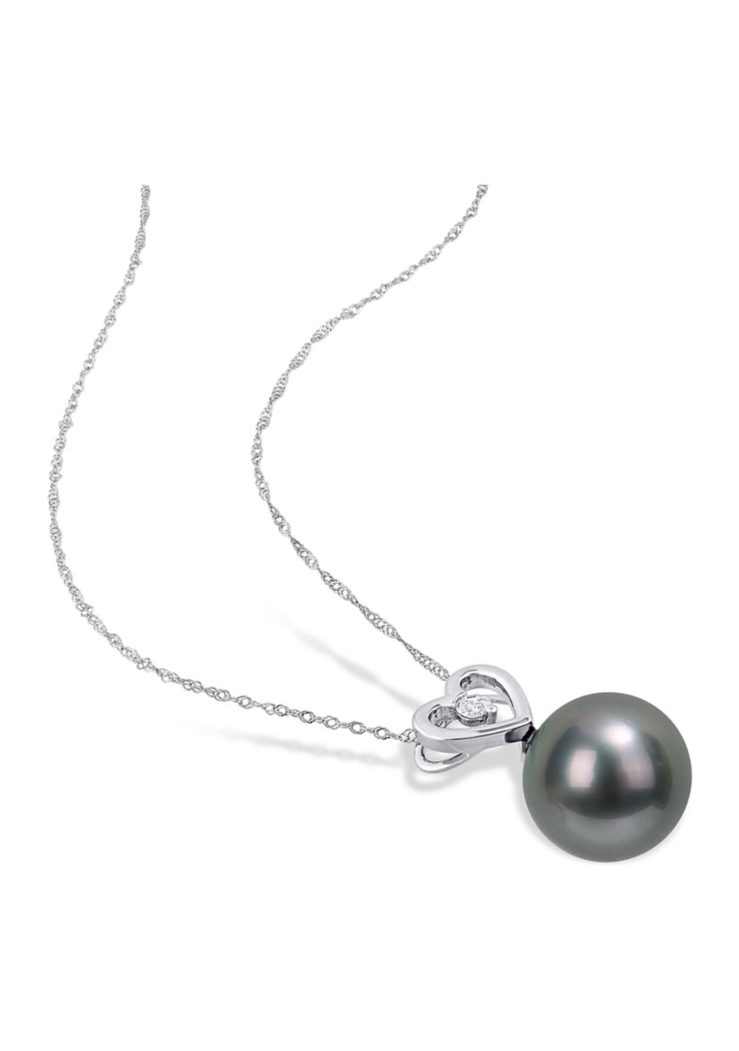 9.5-10mm Black Tahitian Cultured Pearl and Diamond Accent Heart Drop Pendant with Chain in 10k White Gold