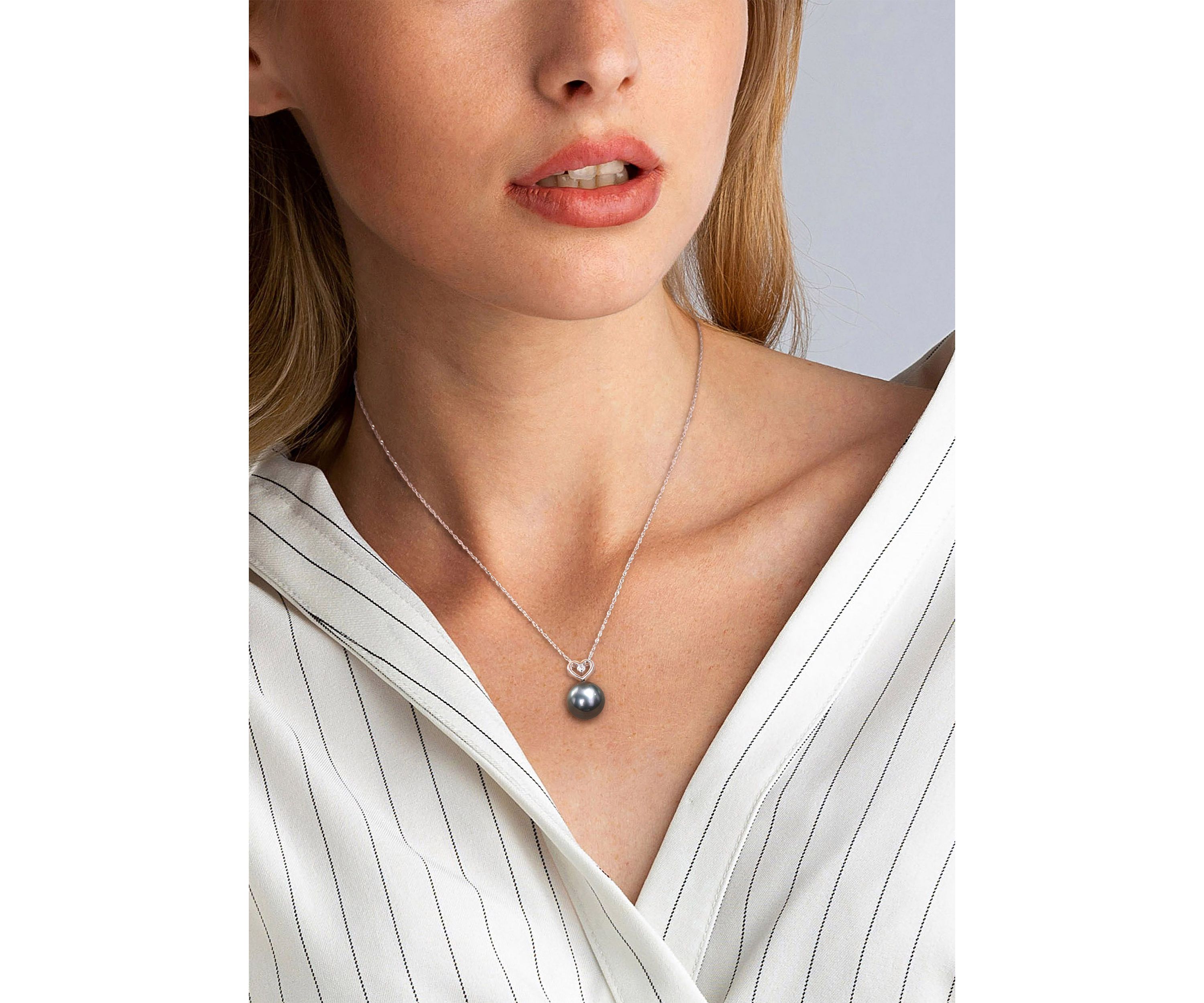 9.5-10mm Black Tahitian Cultured Pearl and Diamond Accent Heart Drop Pendant with Chain in 10k White Gold