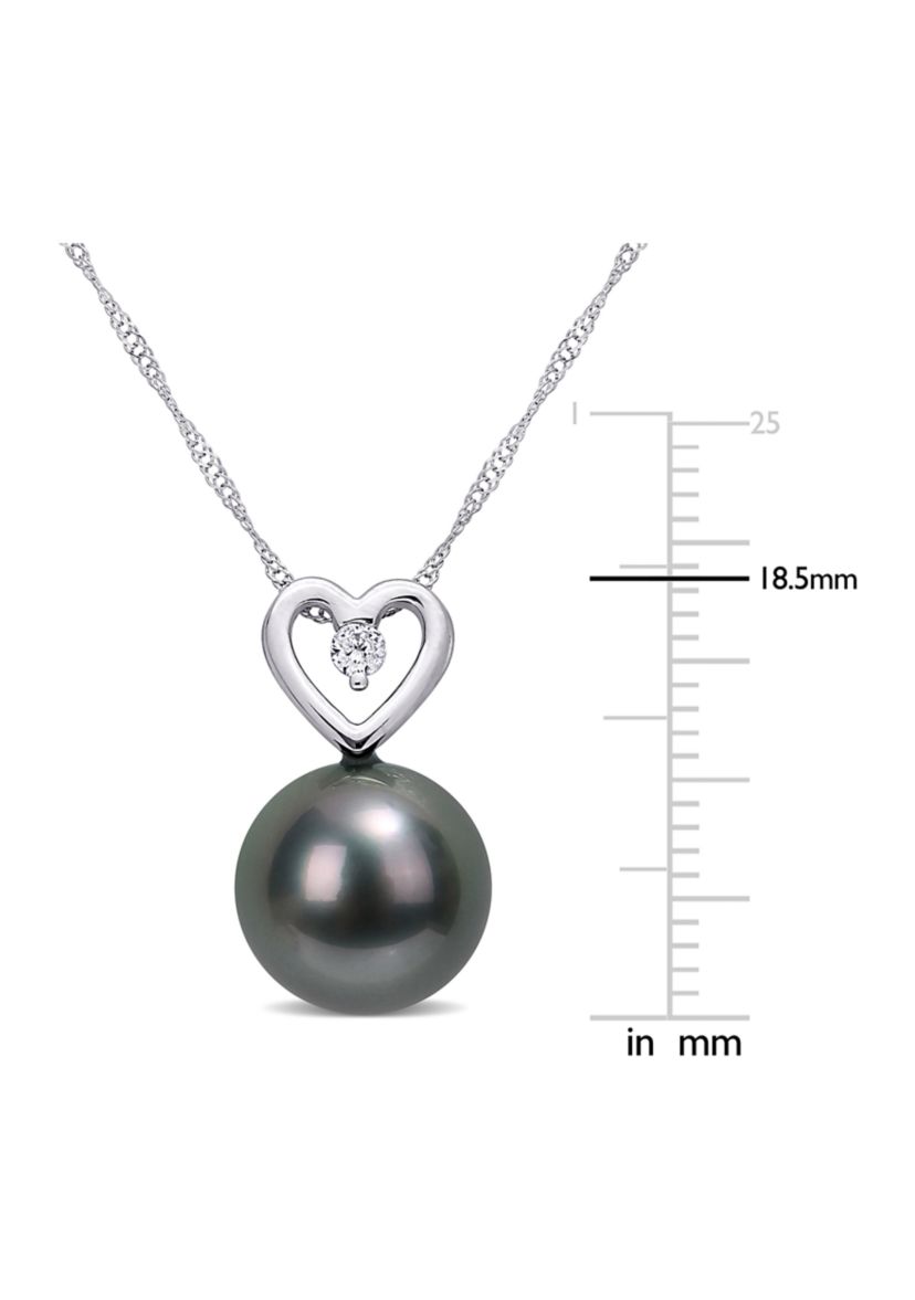 9.5-10mm Black Tahitian Cultured Pearl and Diamond Accent Heart Drop Pendant with Chain in 10k White Gold