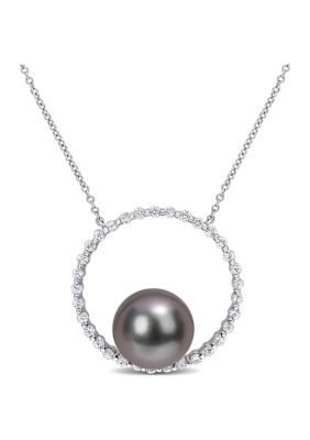 Belk & Co 9.5-10Mm Black Tahitian Cultured Pearl And 1/2 Ct Tgw White Sapphire Circular Pendant With Chain In 10K White Gold