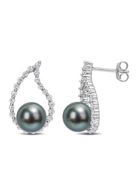 Belk & Co 8-8.5mm Black Tahitian Cultured Pearl and 3/4 CT TGW White Sapphire Teardrop Earrings in 10k White Gold