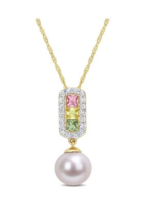 Belk & Co 8.5-9mm Cultured Freshwater Pearl and 7/8 CT TGW Multi Color Sapphire Halo Drop Pendant and Chain in 14k Yellow Gold