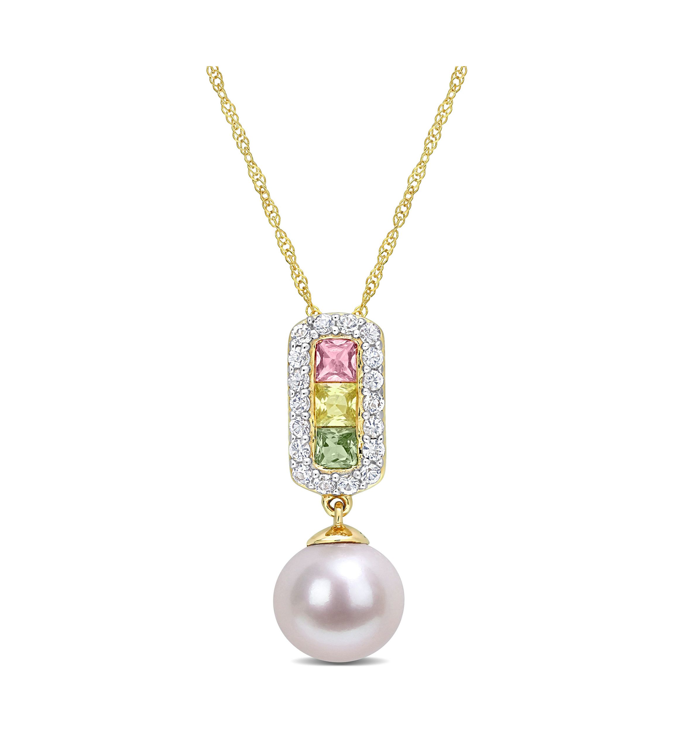 8.5-9mm Cultured Freshwater Pearl and 7/8 CT TGW Multi Color Sapphire Halo Drop Pendant and Chain in 14k Yellow Gold