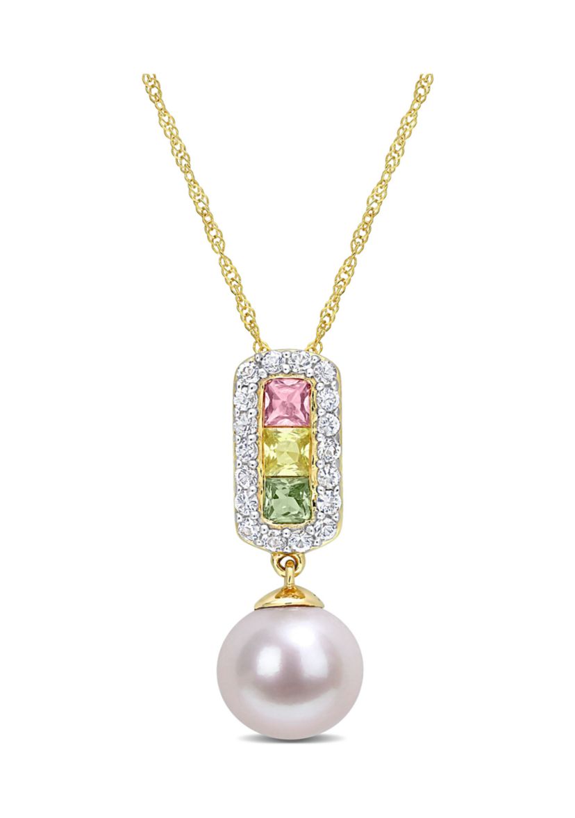 8.5-9mm Cultured Freshwater Pearl and 7/8 CT TGW Multi Color Sapphire Halo Drop Pendant and Chain in 14k Yellow Gold