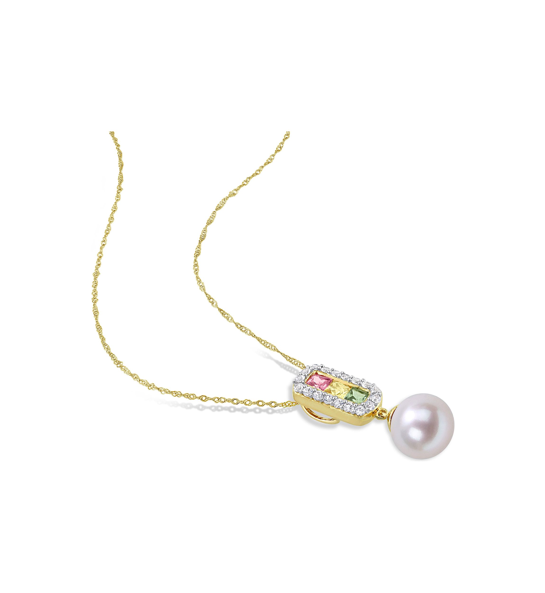 8.5-9mm Cultured Freshwater Pearl and 7/8 CT TGW Multi Color Sapphire Halo Drop Pendant and Chain in 14k Yellow Gold