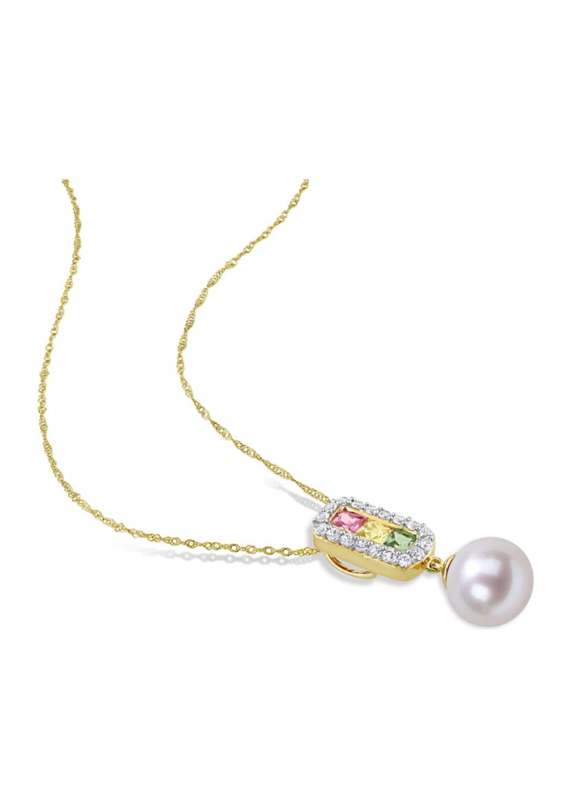 8.5-9mm Cultured Freshwater Pearl and 7/8 CT TGW Multi Color Sapphire Halo Drop Pendant and Chain in 14k Yellow Gold