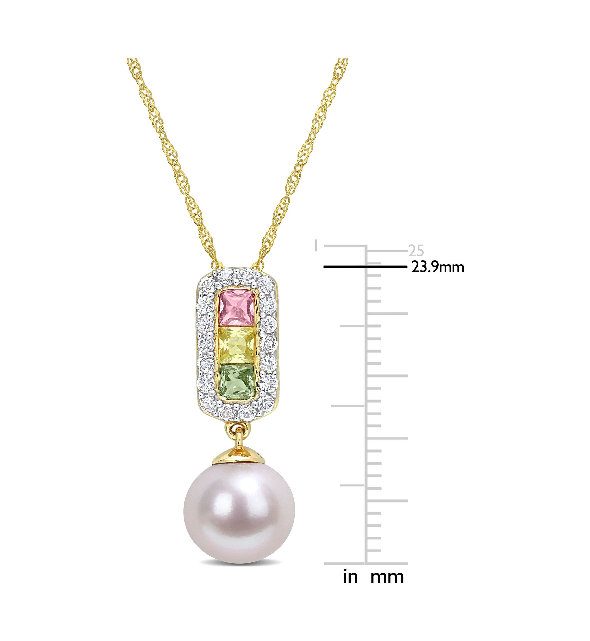 8.5-9mm Cultured Freshwater Pearl and 7/8 CT TGW Multi Color Sapphire Halo Drop Pendant and Chain in 14k Yellow Gold
