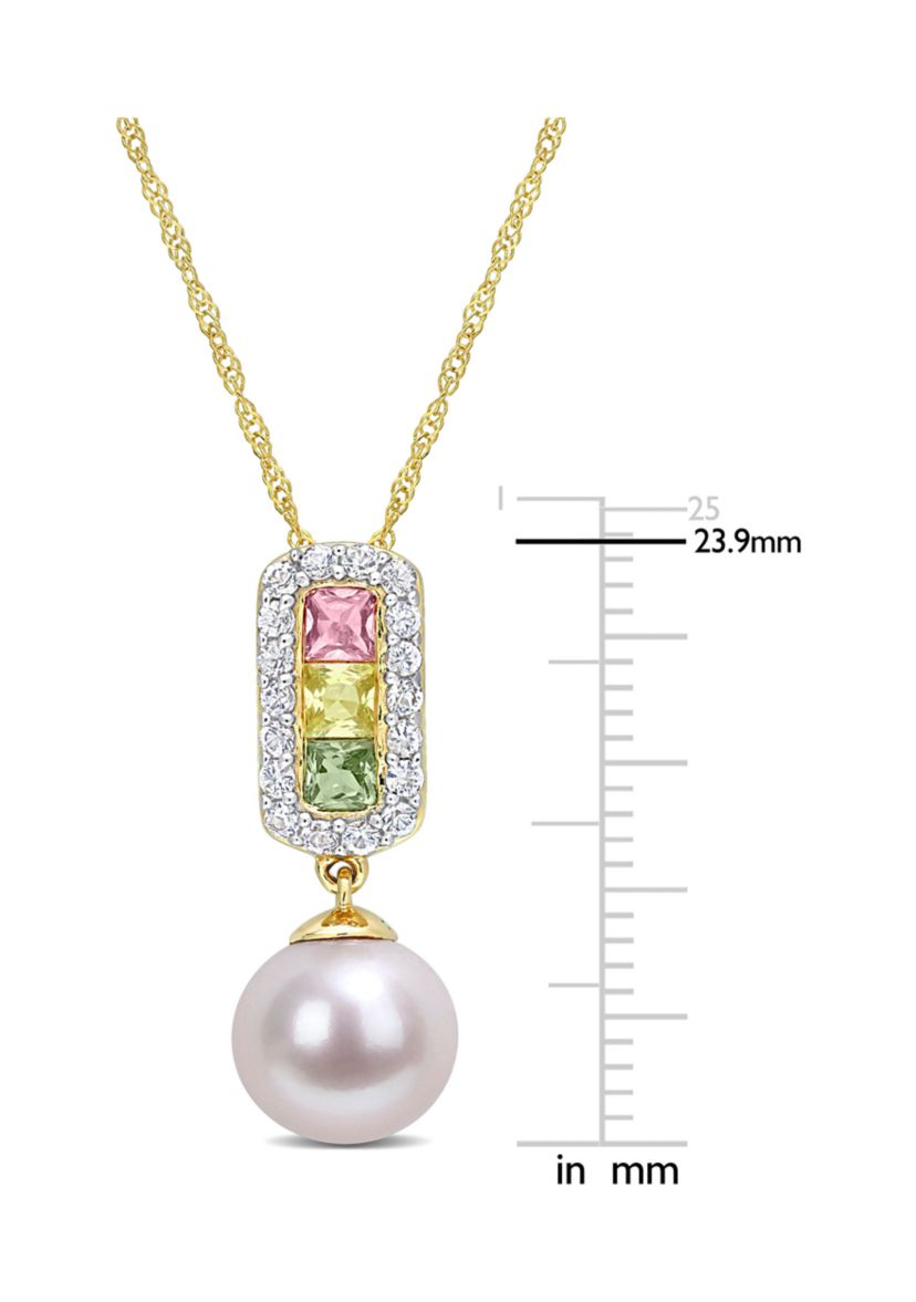 8.5-9mm Cultured Freshwater Pearl and 7/8 CT TGW Multi Color Sapphire Halo Drop Pendant and Chain in 14k Yellow Gold