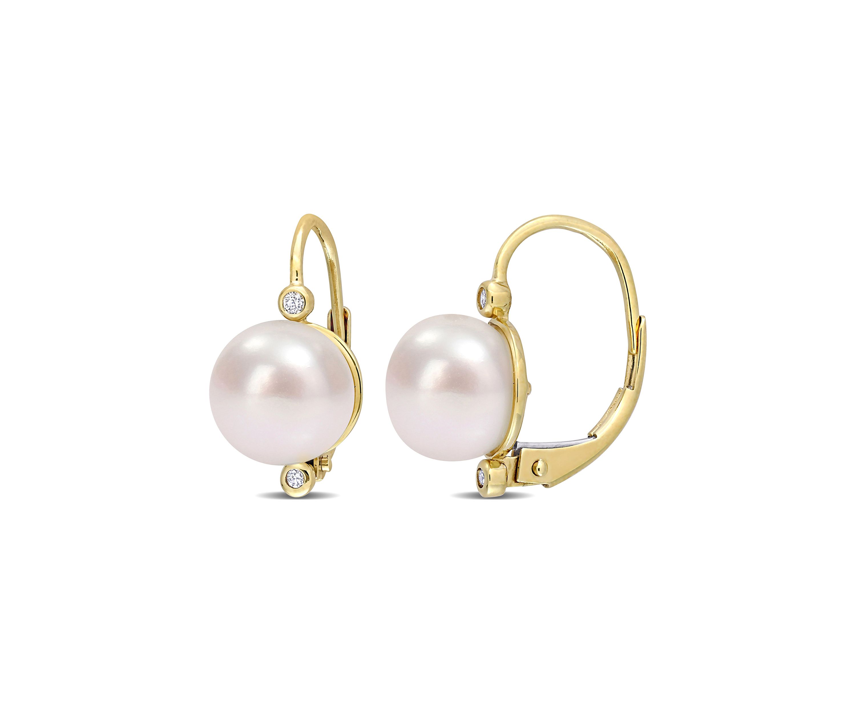 8-8.5mm Cultured Freshwater Pearl and Diamond Accent Leverback Earrings in 10k Yellow Gold
