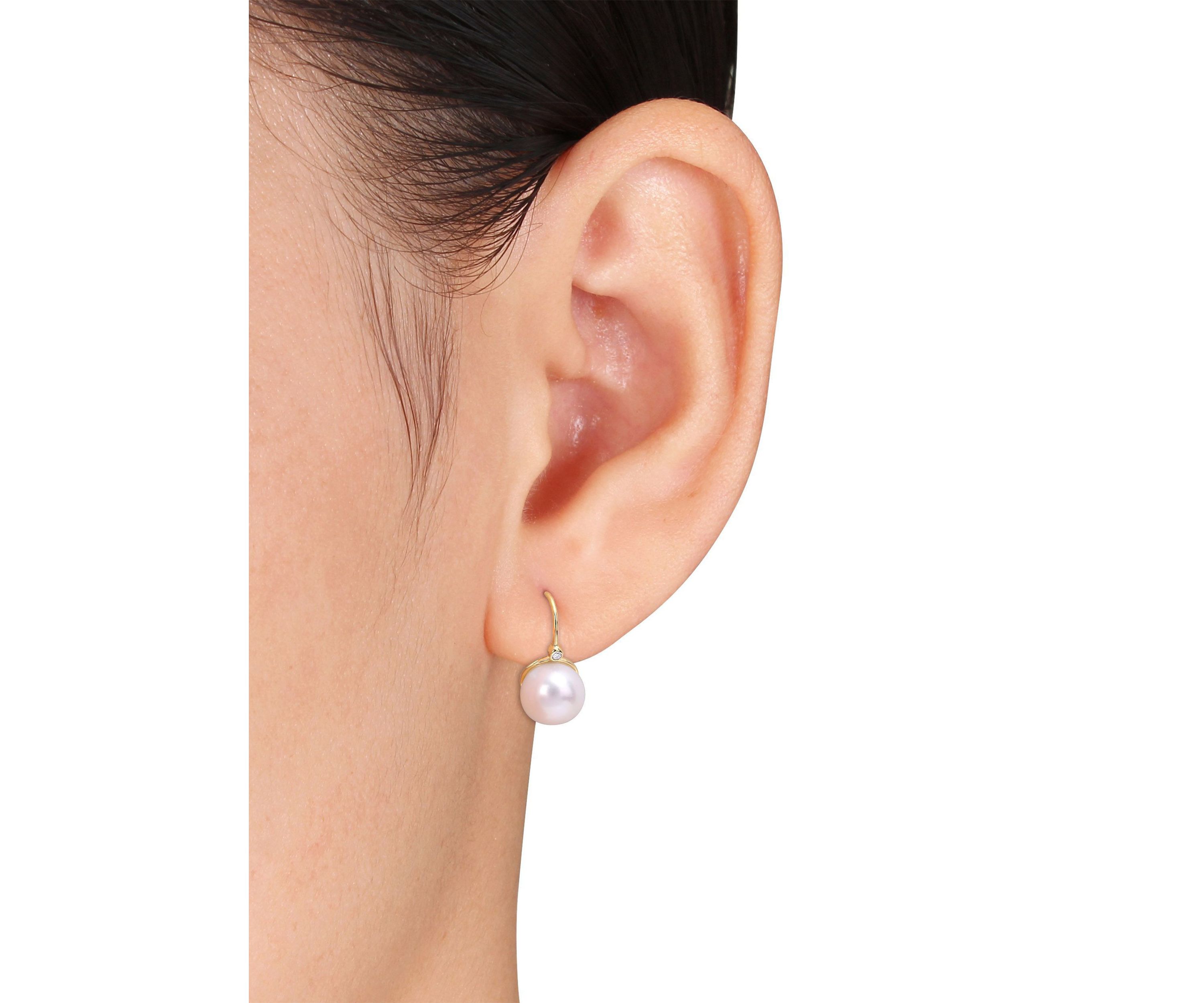 8-8.5mm Cultured Freshwater Pearl and Diamond Accent Leverback Earrings in 10k Yellow Gold
