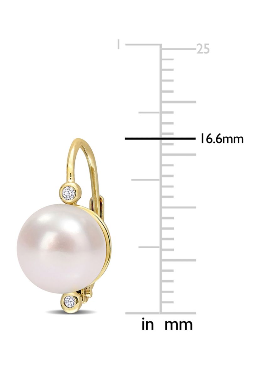 8-8.5mm Cultured Freshwater Pearl and Diamond Accent Leverback Earrings in 10k Yellow Gold
