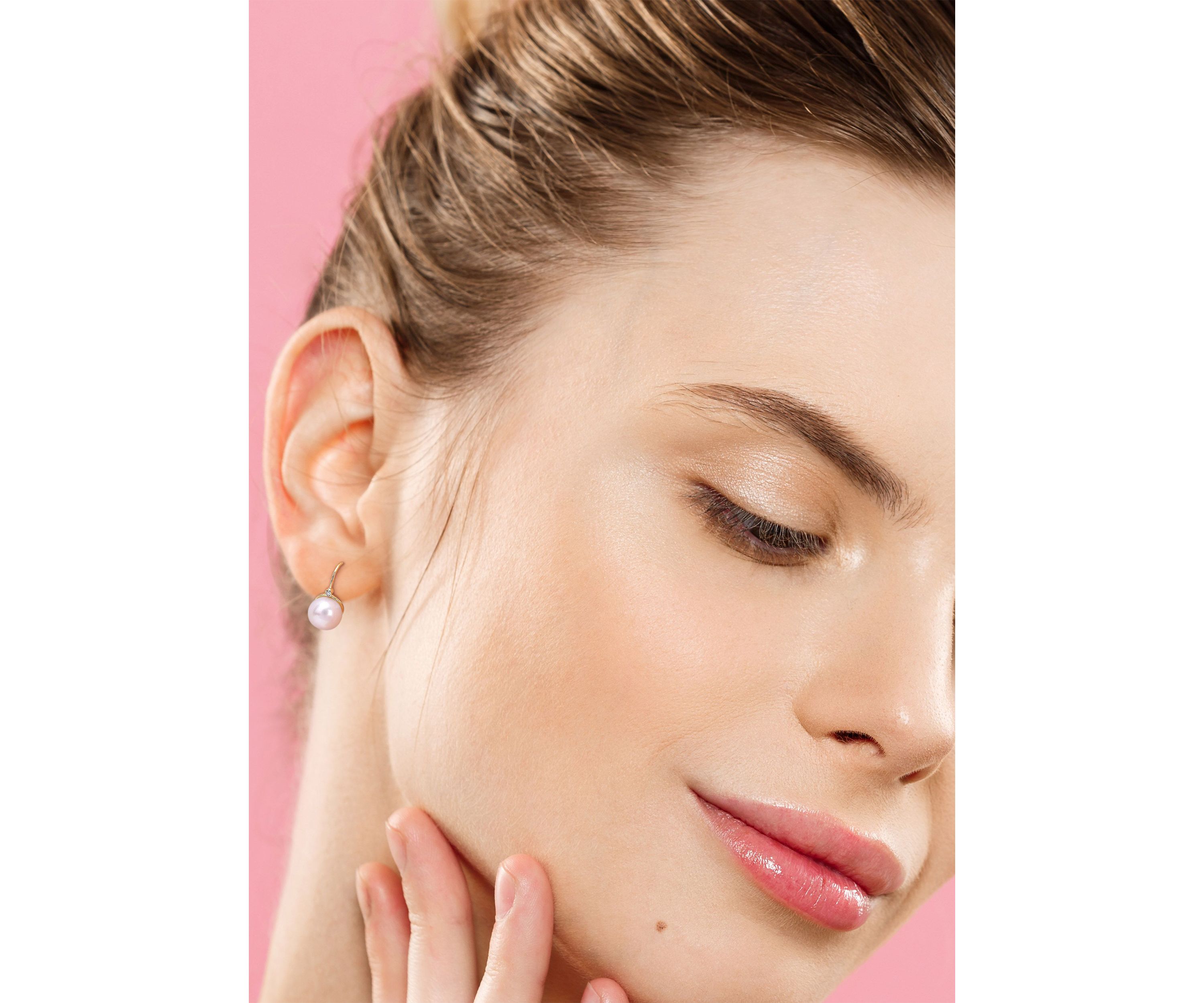 8-8.5mm Cultured Freshwater Pearl and Diamond Accent Leverback Earrings in 10k Yellow Gold