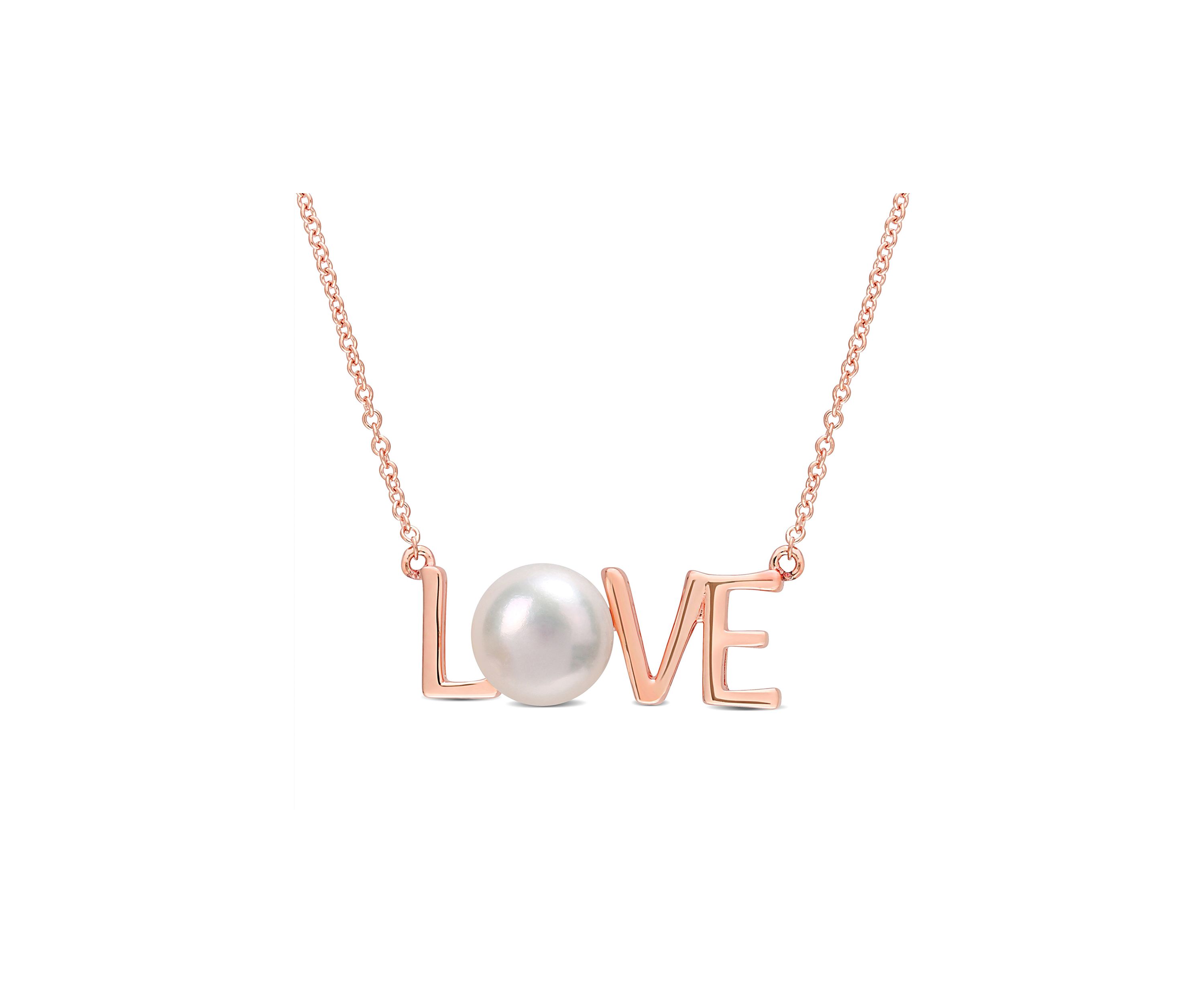 7-7.5mm Freshwater Cultured Pearl "LOVE" Pendant with Chain in 10k Rose Gold