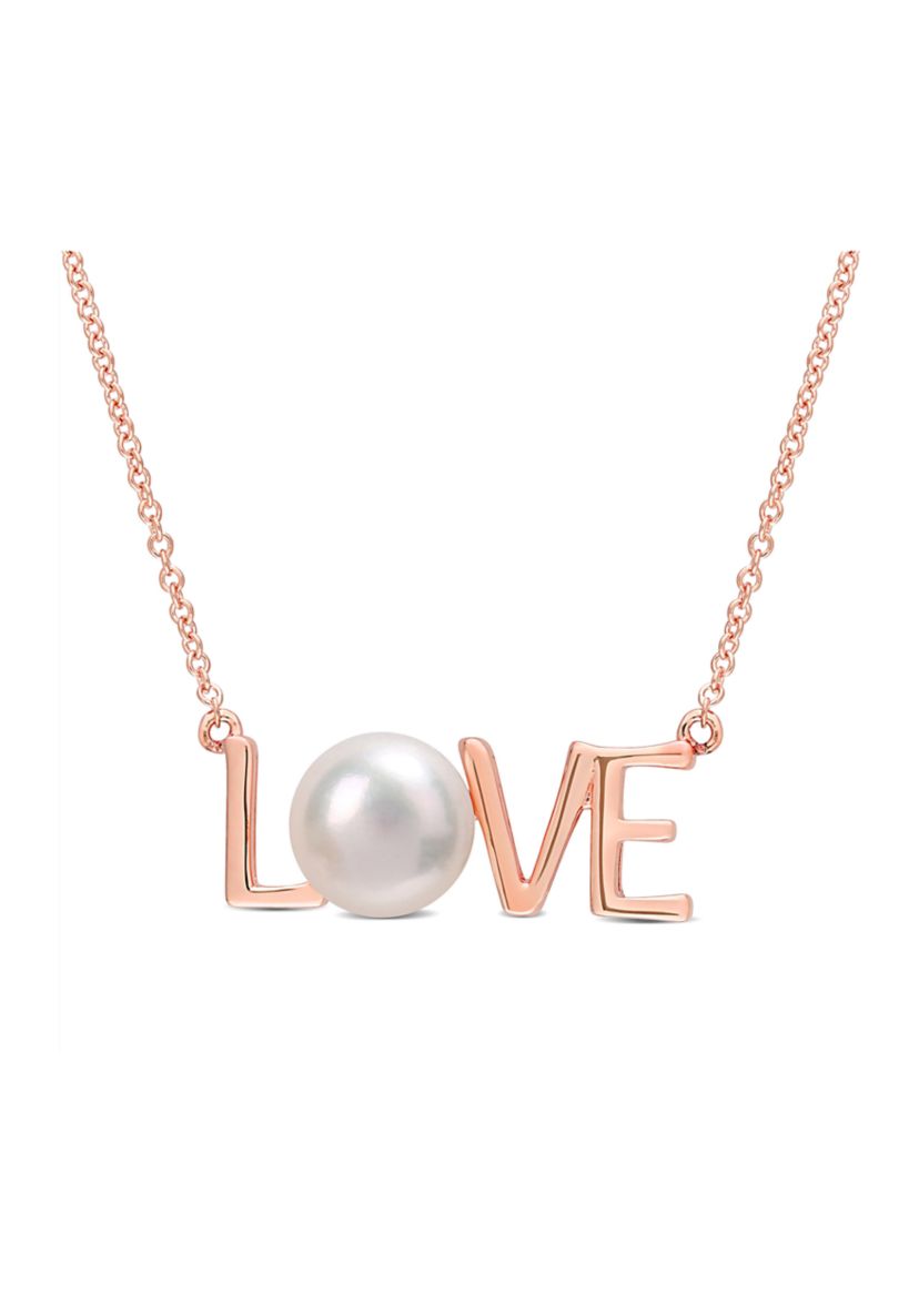 7-7.5mm Freshwater Cultured Pearl "LOVE" Pendant with Chain in 10k Rose Gold