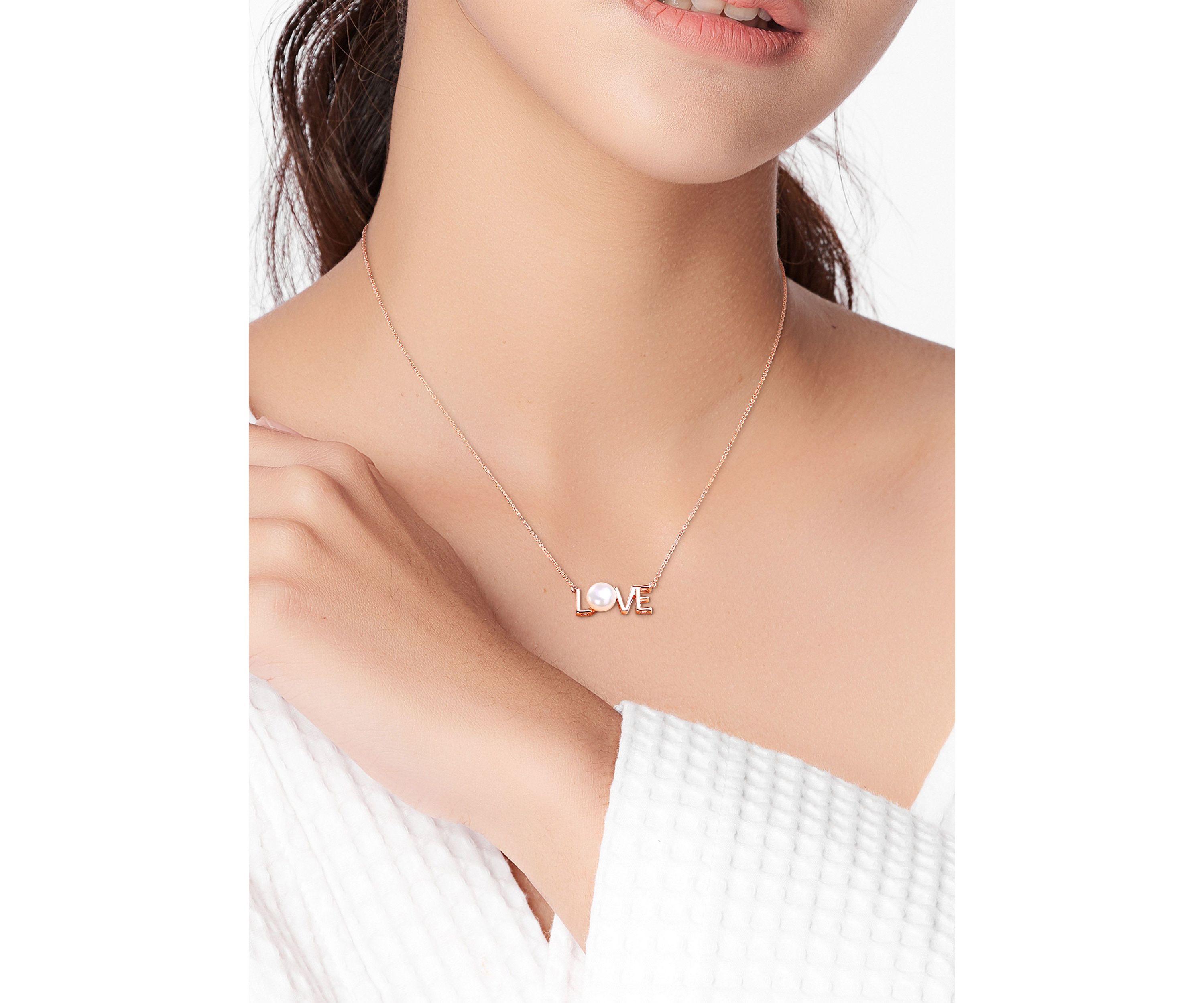 7-7.5mm Freshwater Cultured Pearl "LOVE" Pendant with Chain in 10k Rose Gold
