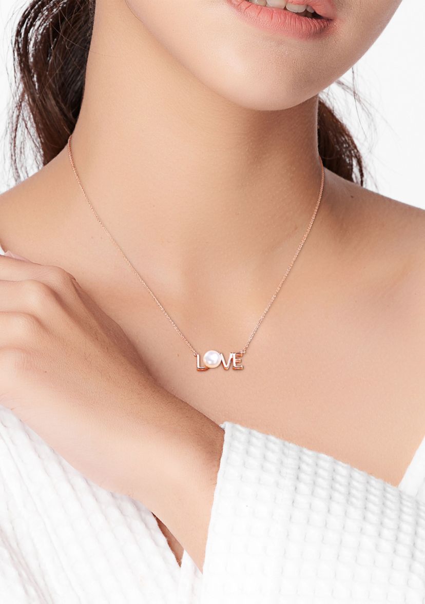7-7.5mm Freshwater Cultured Pearl "LOVE" Pendant with Chain in 10k Rose Gold