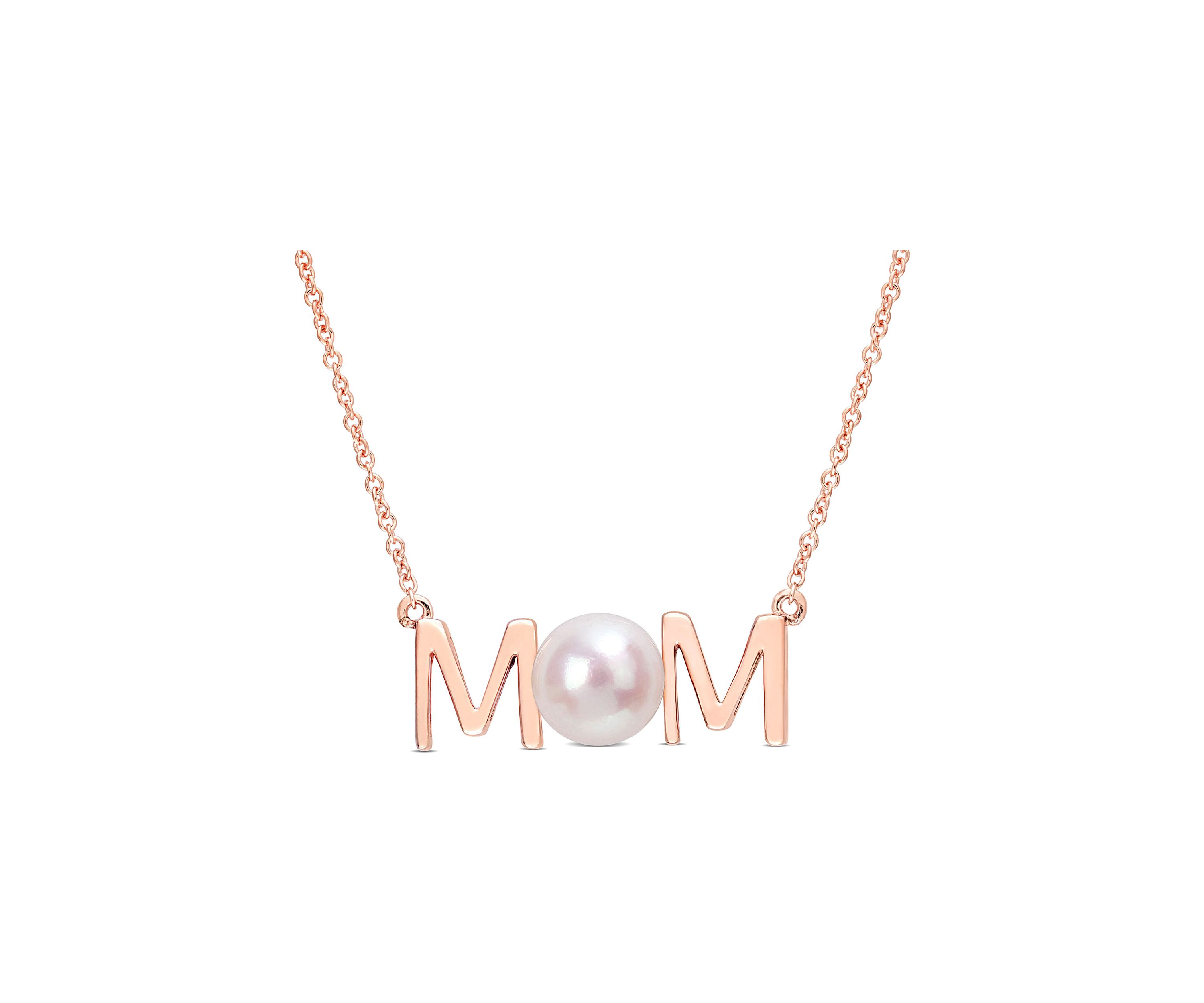 7-7.5mm Freshwater Cultured Pearl "MOM" Pendant with Chain in 10k Rose Gold