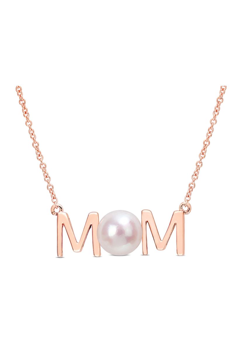 7-7.5mm Freshwater Cultured Pearl "MOM" Pendant with Chain in 10k Rose Gold