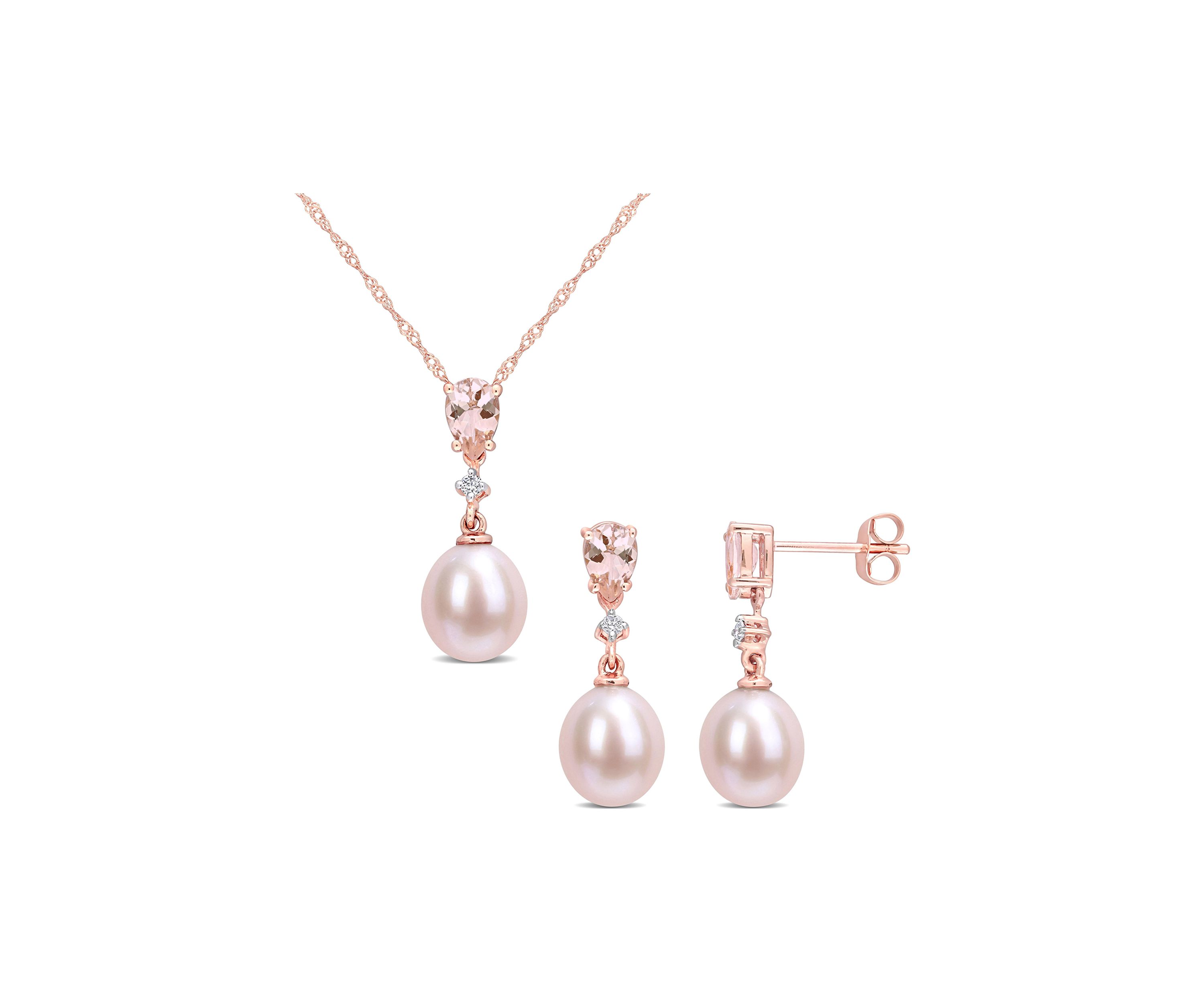 9-9.5mm Pink Freshwater Cultured Pearl and 1 1/5 CT TGW Morganite and Diamond Accent Drop Earrings and Pendant Set in 10k Rose Gold