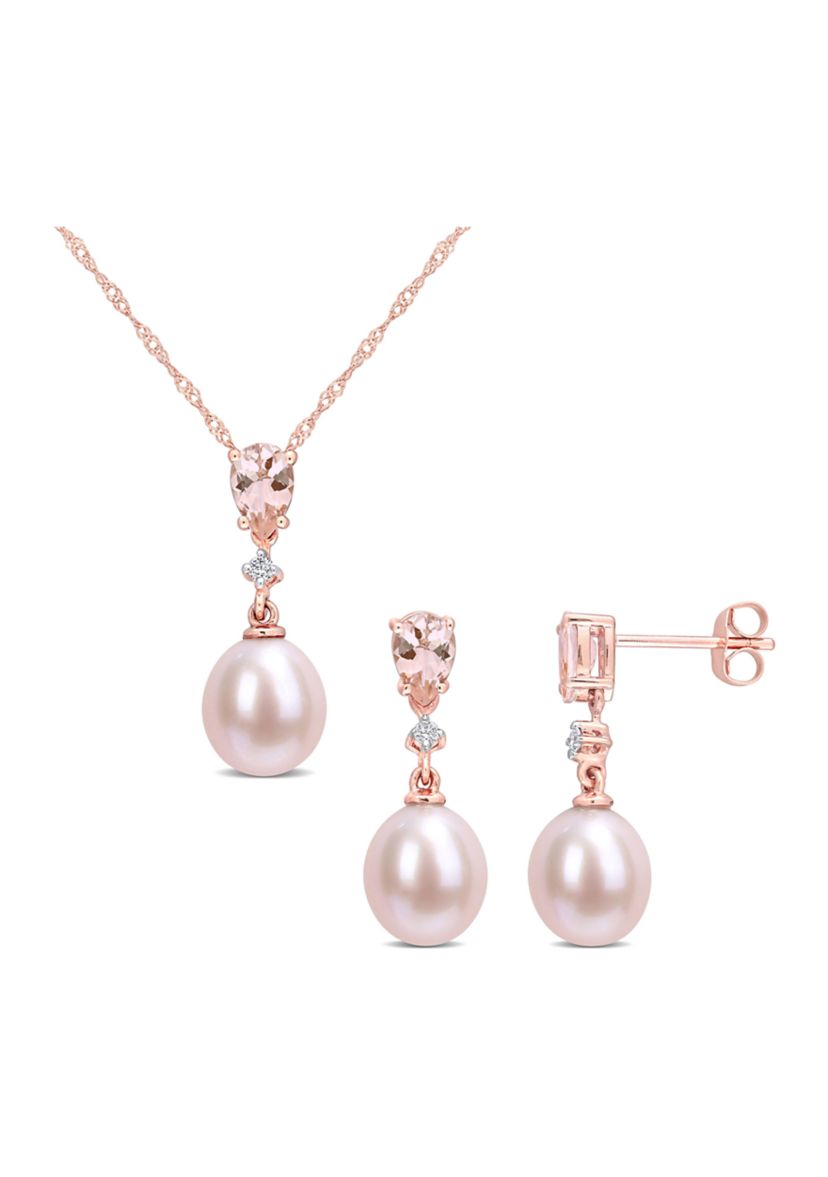 9-9.5mm Pink Freshwater Cultured Pearl and 1 1/5 CT TGW Morganite and Diamond Accent Drop Earrings and Pendant Set in 10k Rose Gold