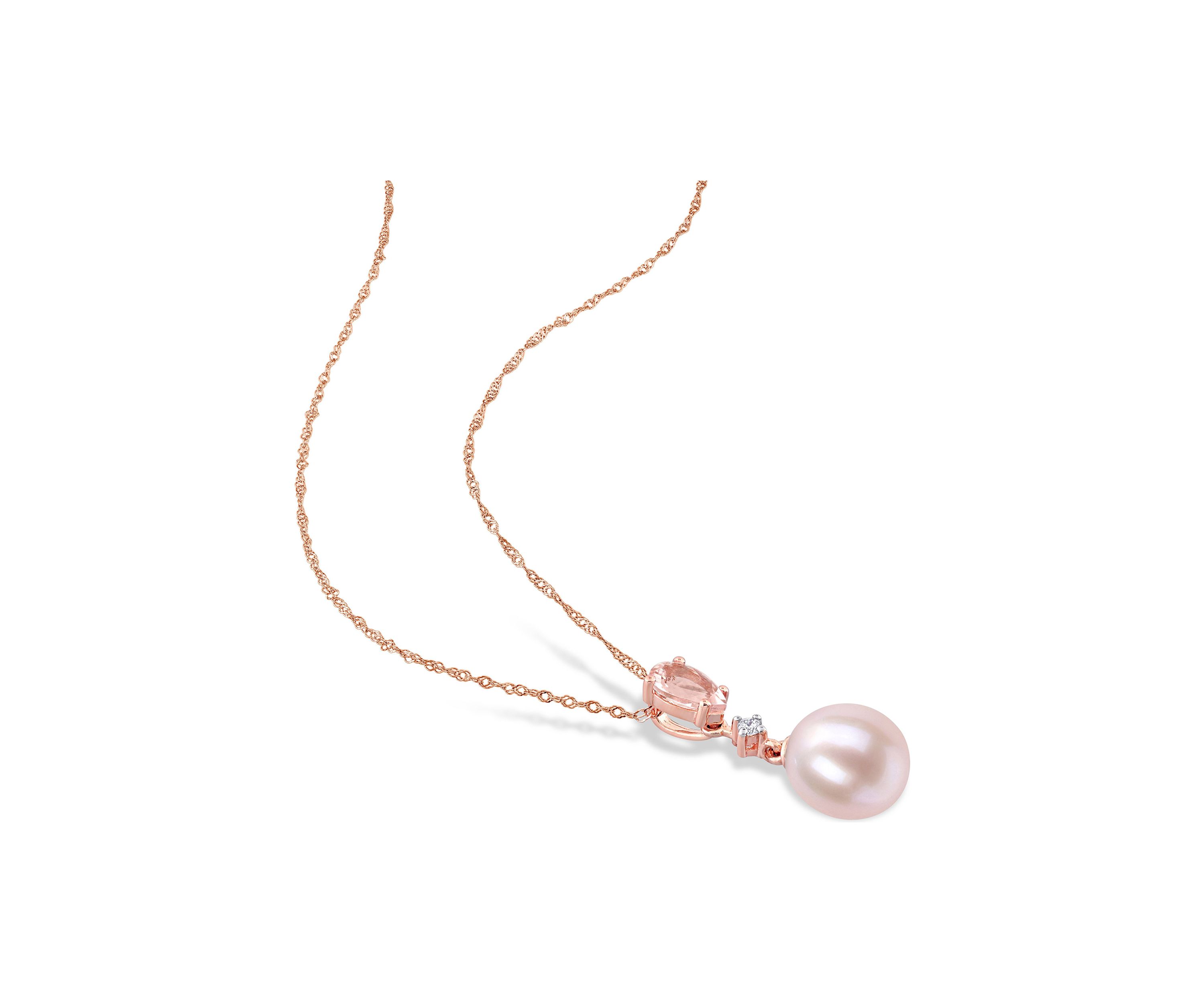 9-9.5mm Pink Freshwater Cultured Pearl and 1 1/5 CT TGW Morganite and Diamond Accent Drop Earrings and Pendant Set in 10k Rose Gold